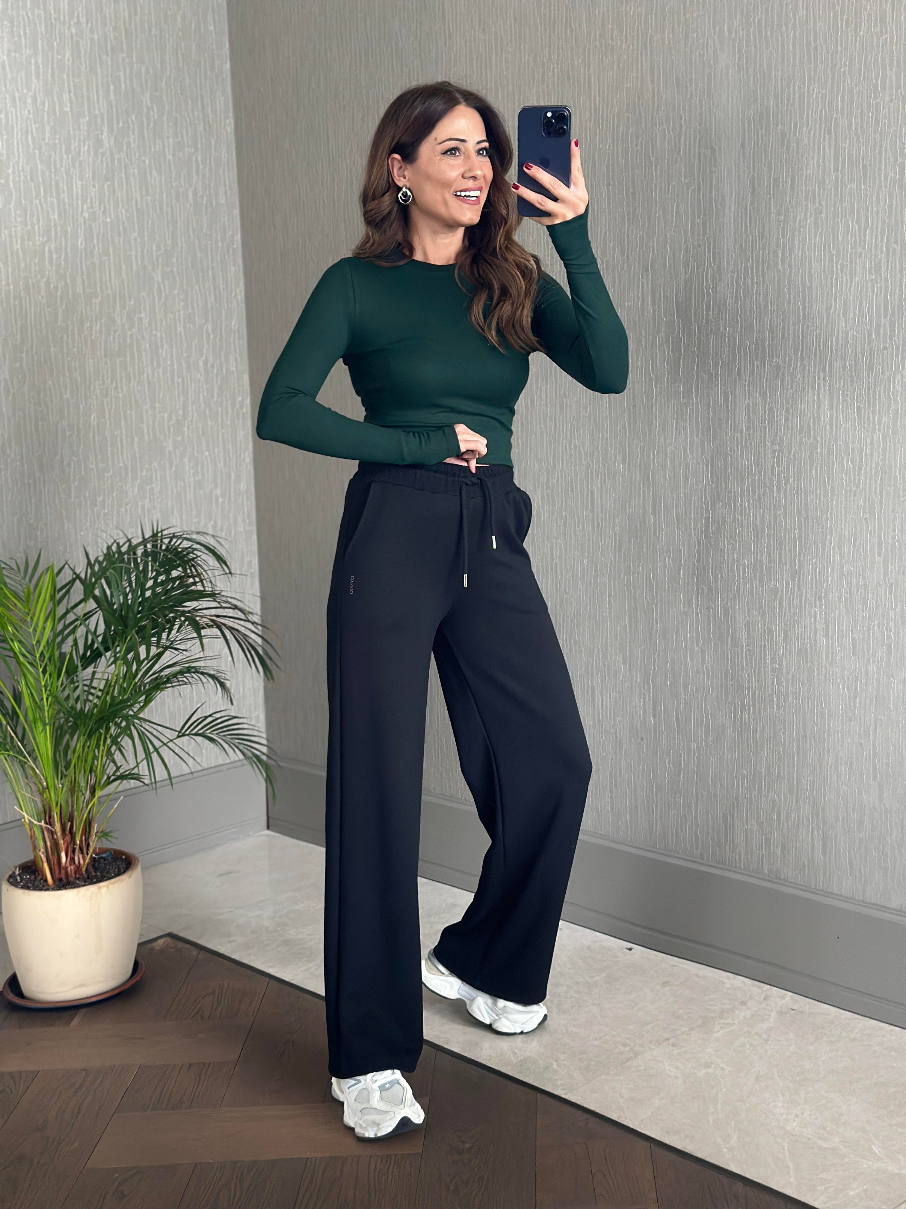 Siyah Oysh Model Bol Paça Cepli Kadın Modal Eşofman Altı