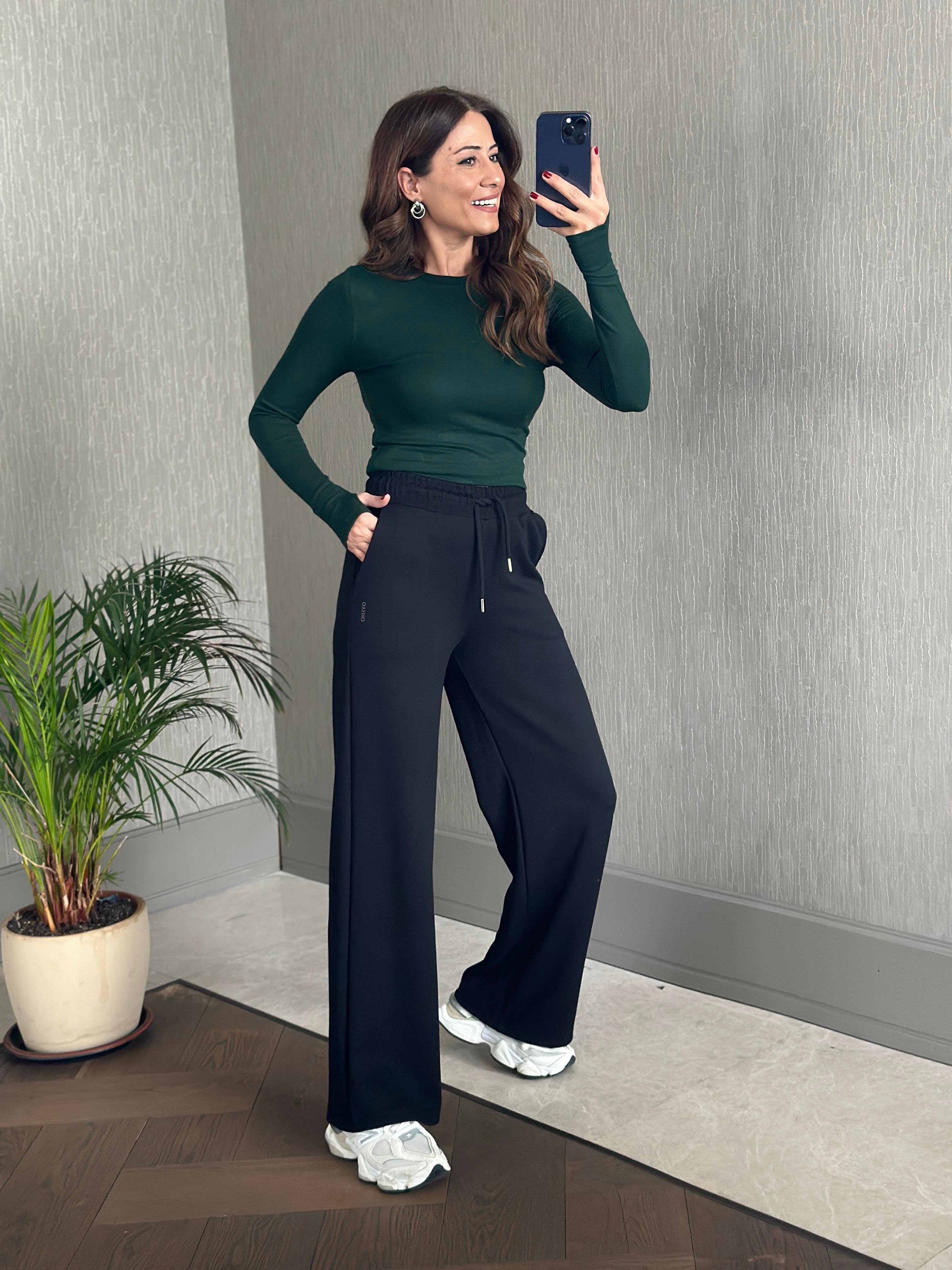 Siyah Oysh Model Bol Paça Cepli Kadın Modal Eşofman Altı