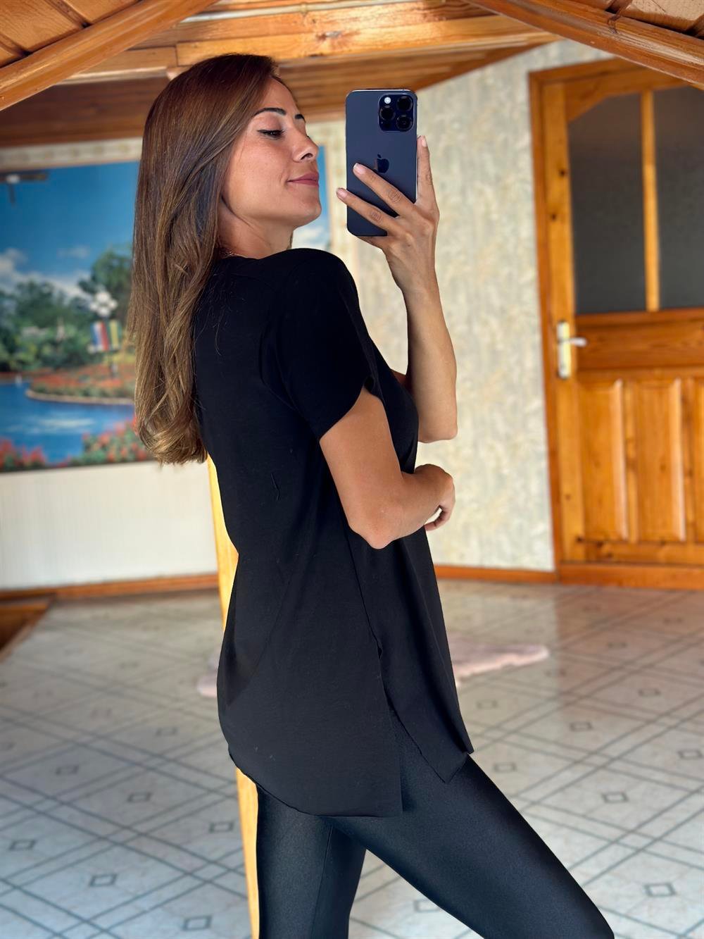 Siyah Özel Üretim V Yaka Basic Kadın T-Shirt