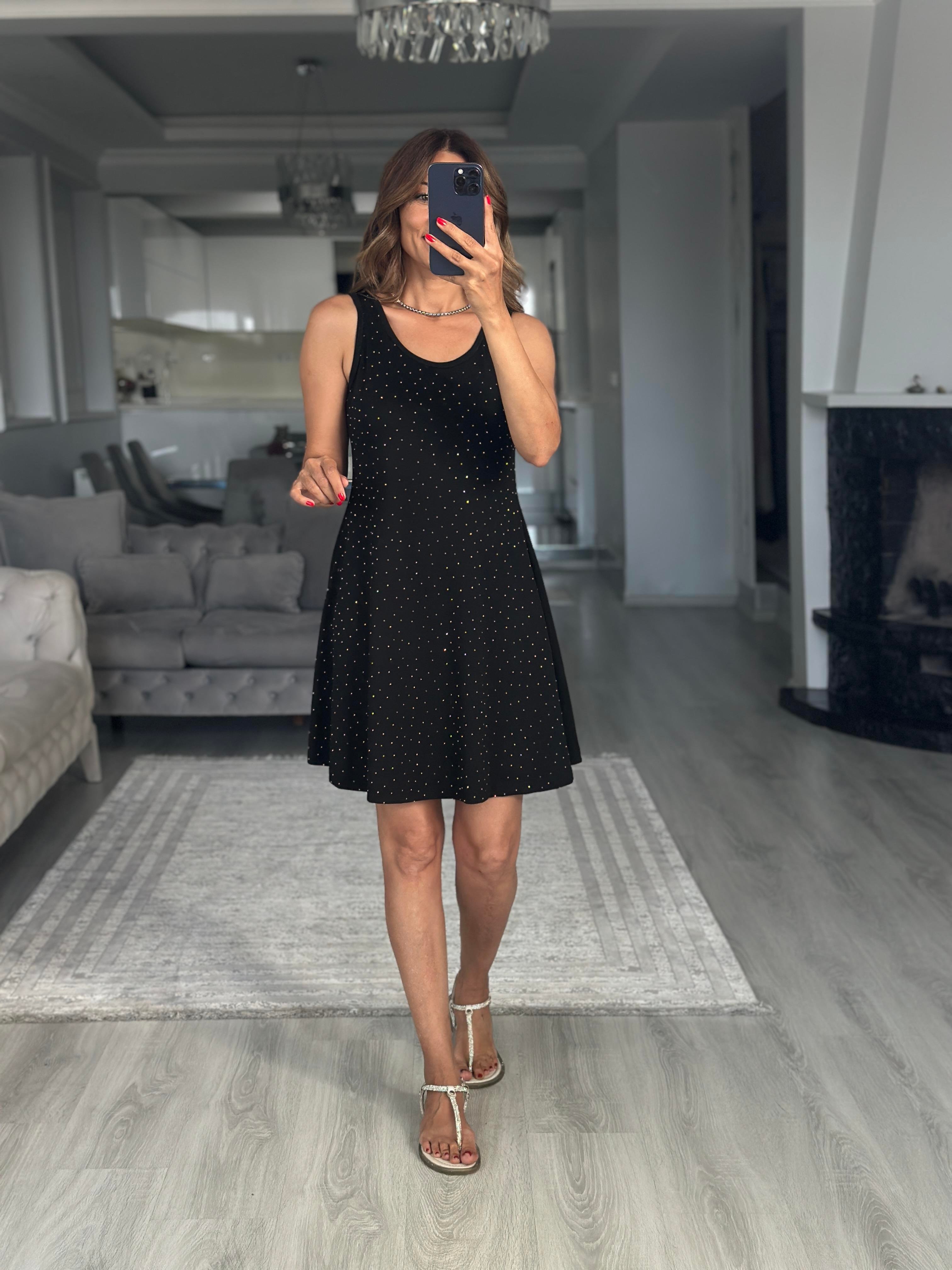 Siyah Parıltılı Sıfır Kol Modal Çan Kadın Elbise