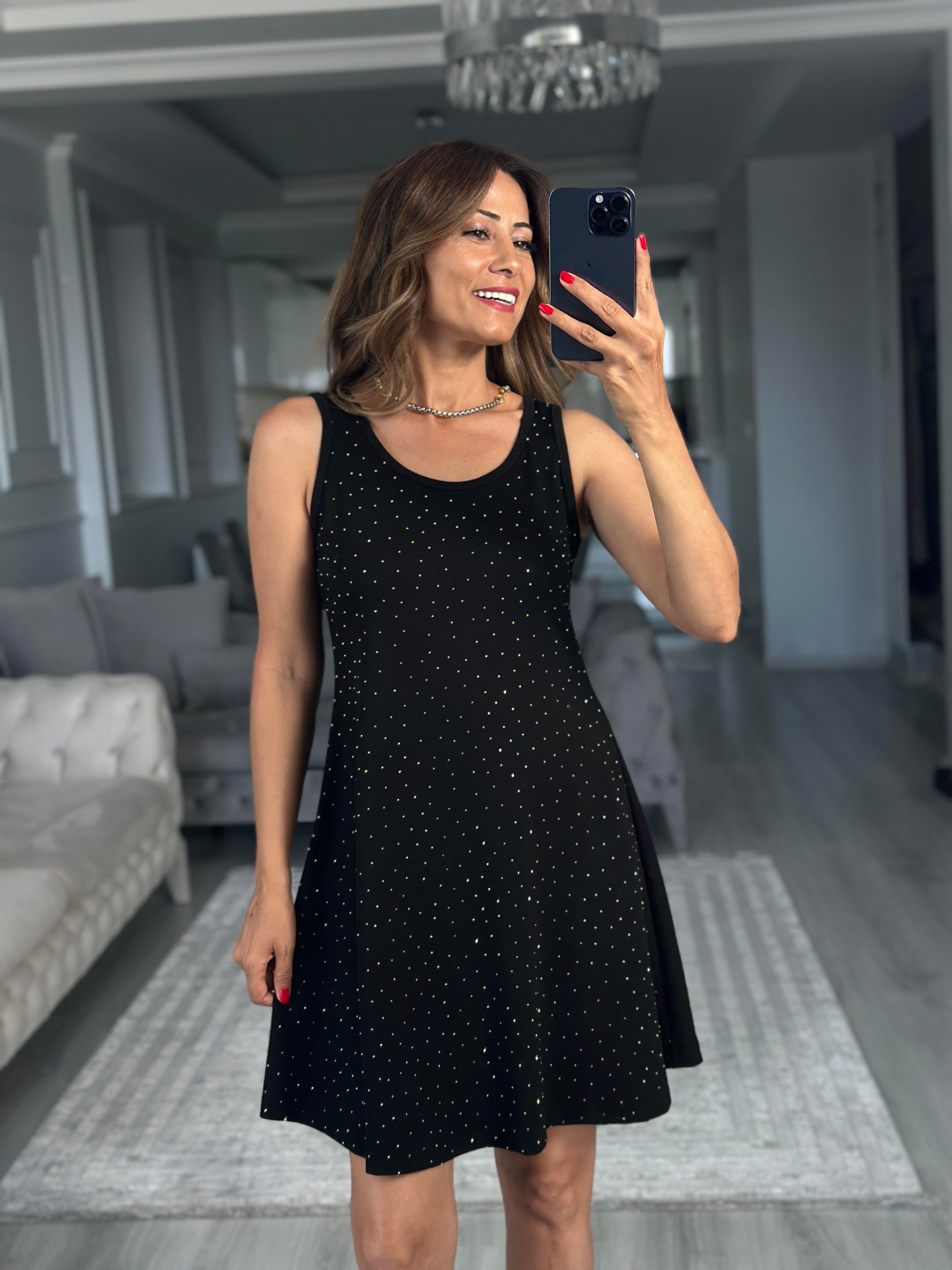 Siyah Parıltılı Sıfır Kol Modal Çan Kadın Elbise