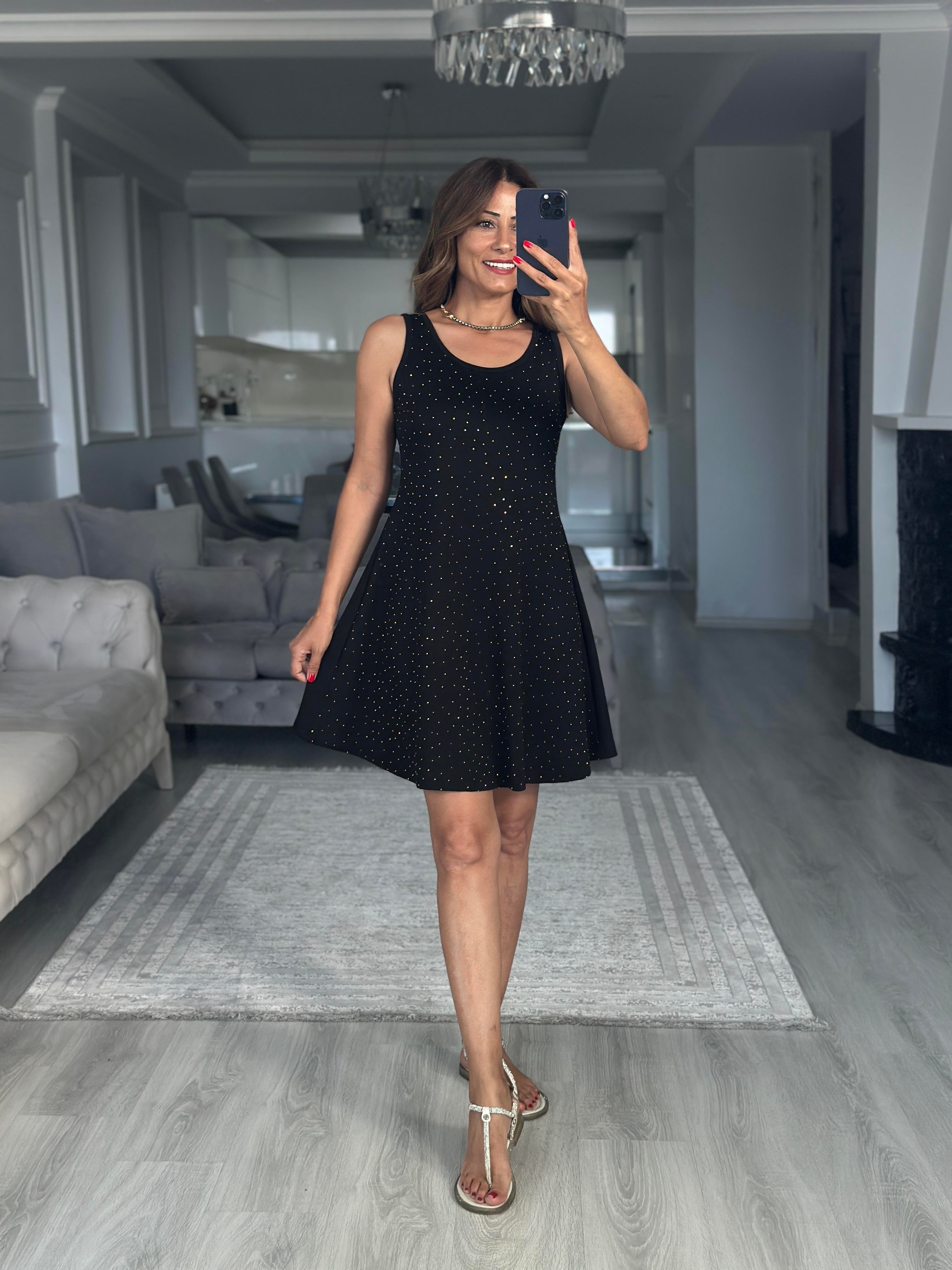 Siyah Parıltılı Sıfır Kol Modal Çan Kadın Elbise