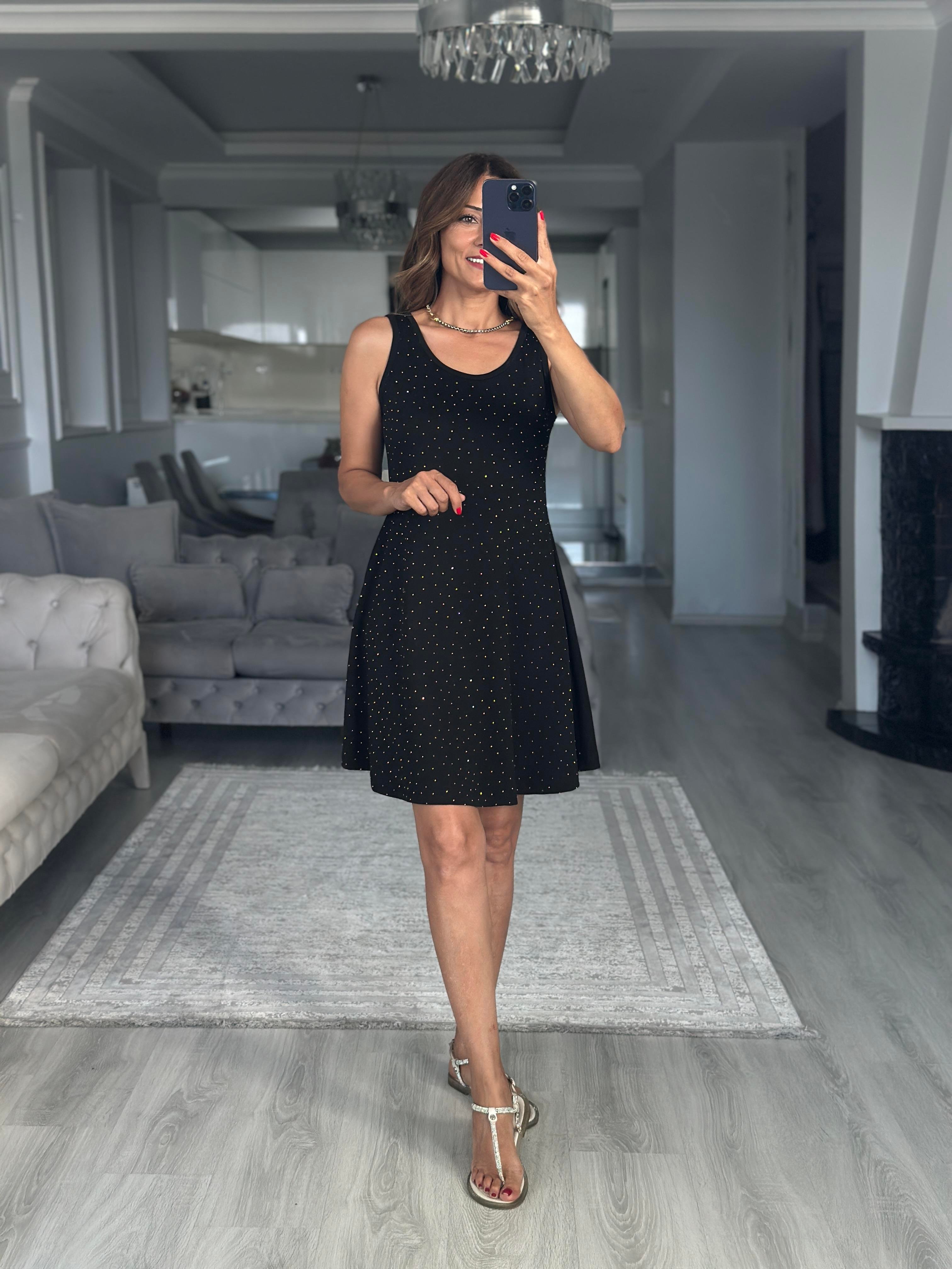 Siyah Parıltılı Sıfır Kol Modal Çan Kadın Elbise