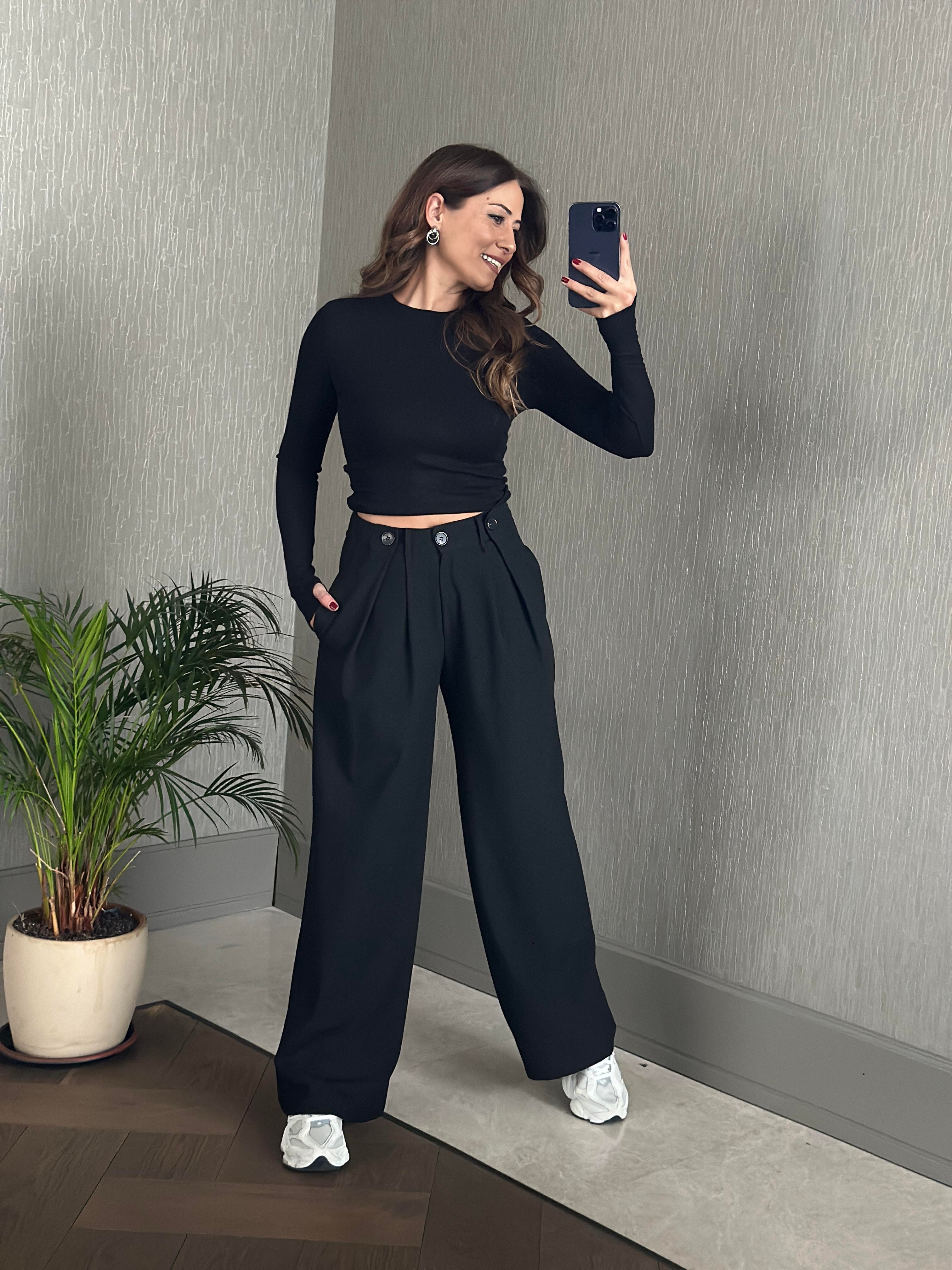 Siyah Pilesi Düğme Detay Cepli Palazzo Kadın Kumaş Pantolon