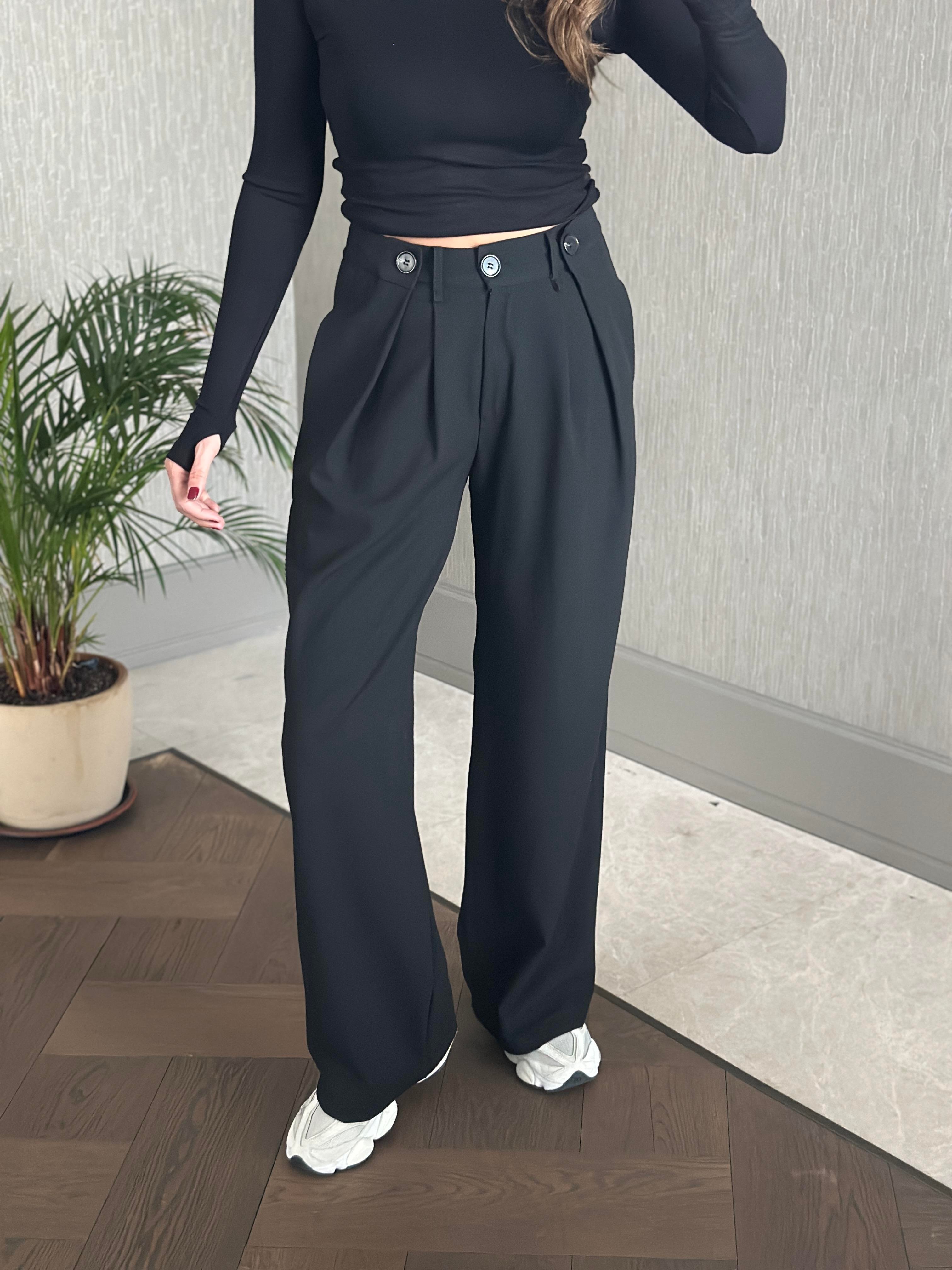 Siyah Pilesi Düğme Detay Cepli Palazzo Kadın Kumaş Pantolon