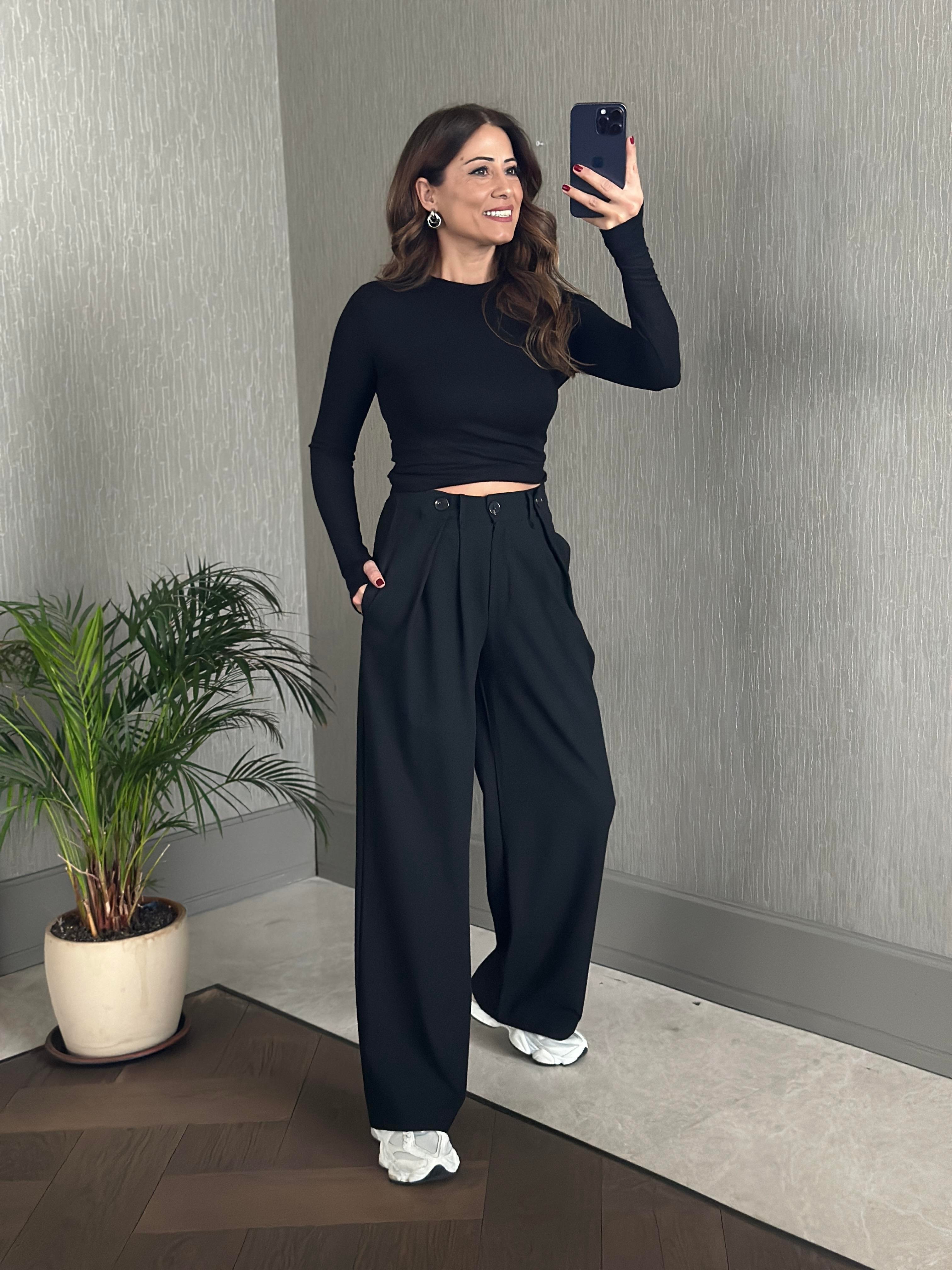 Siyah Pilesi Düğme Detay Cepli Palazzo Kadın Kumaş Pantolon