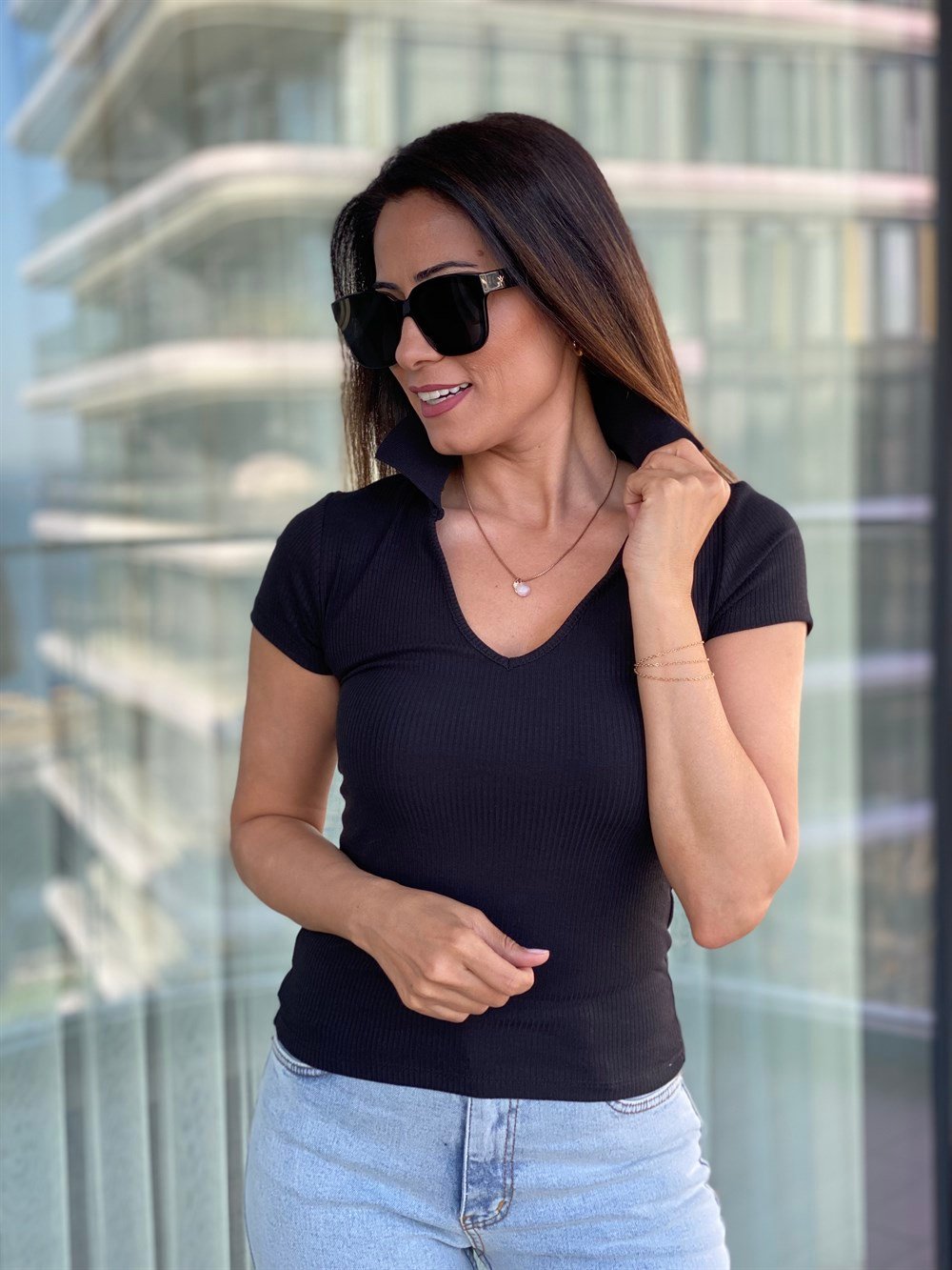 Siyah  Polo Yaka Kısa Kol Fitilli Body 
