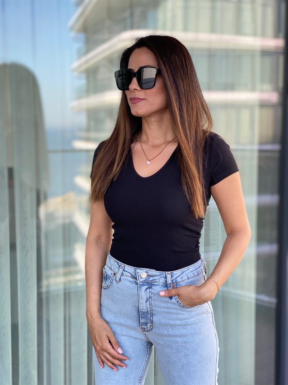 Siyah  Polo Yaka Kısa Kol Fitilli Body 