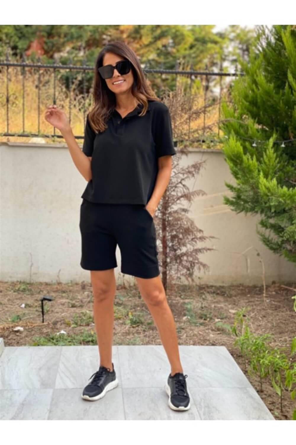 Siyah Polo Yaka Merserize Şortlu Takım 