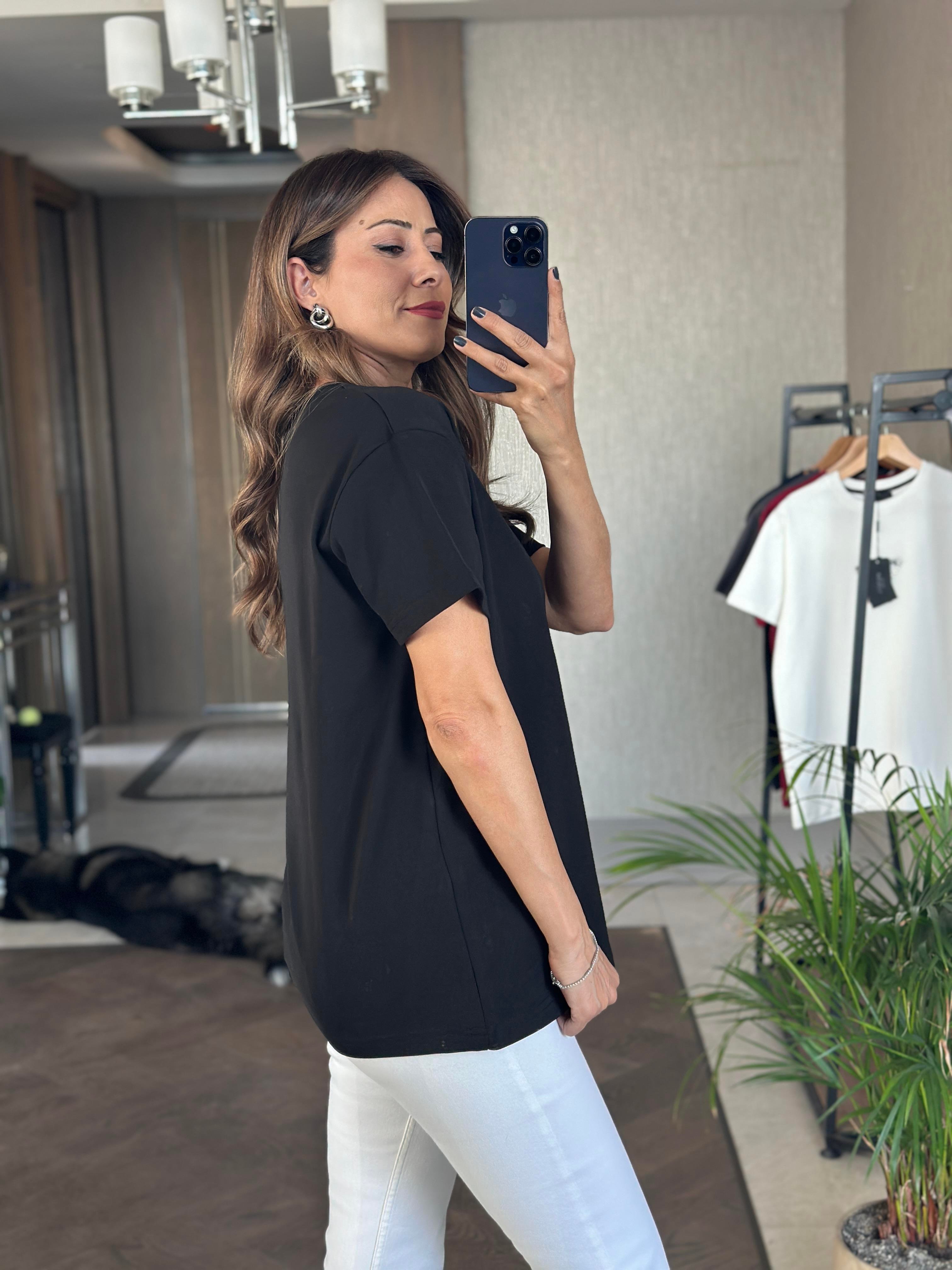 Siyah Prd Üçgen Logolu Bisiklet Yaka Kadın T-Shirt