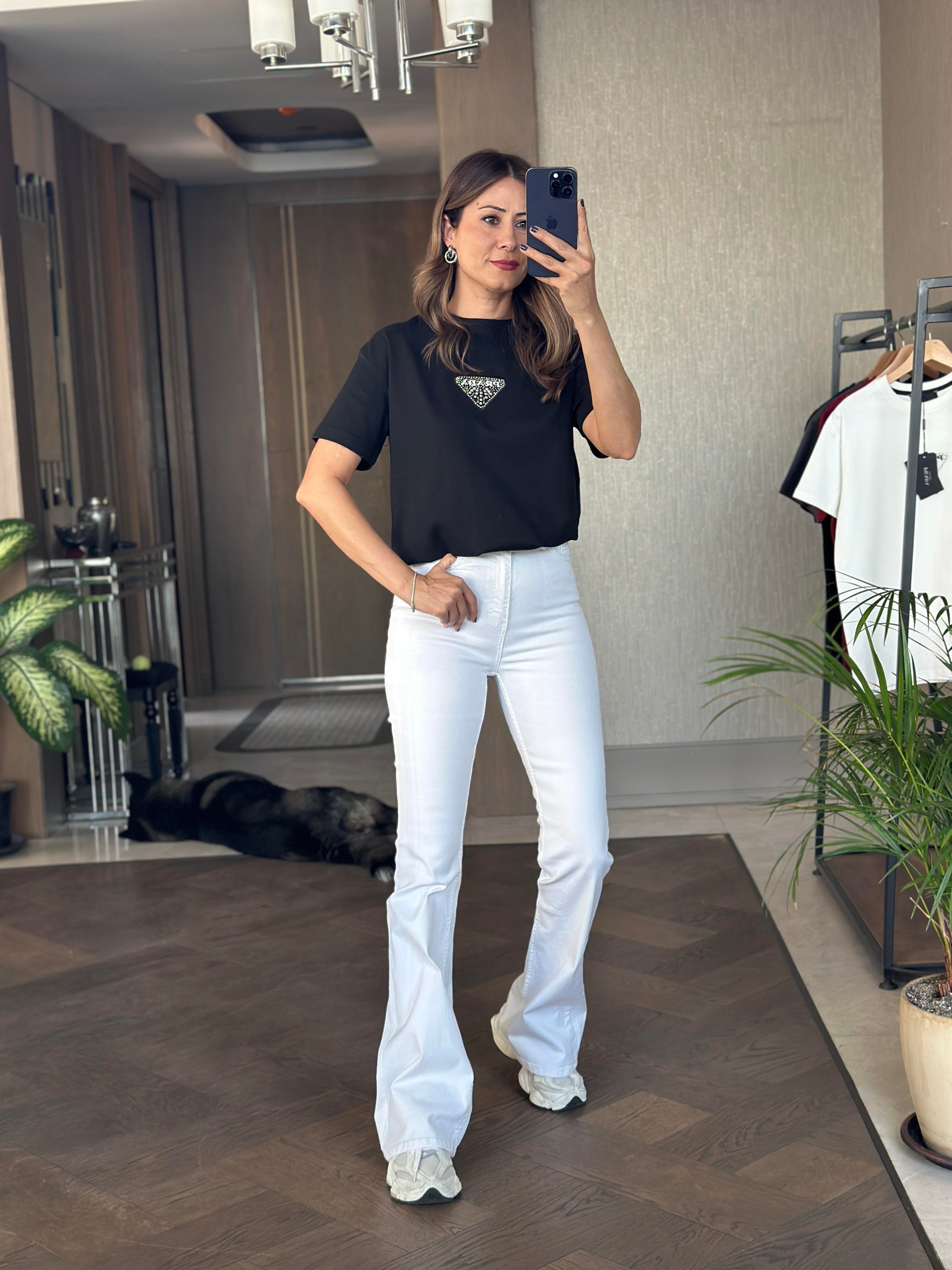 Siyah Prd Üçgen Logolu Bisiklet Yaka Kadın T-Shirt