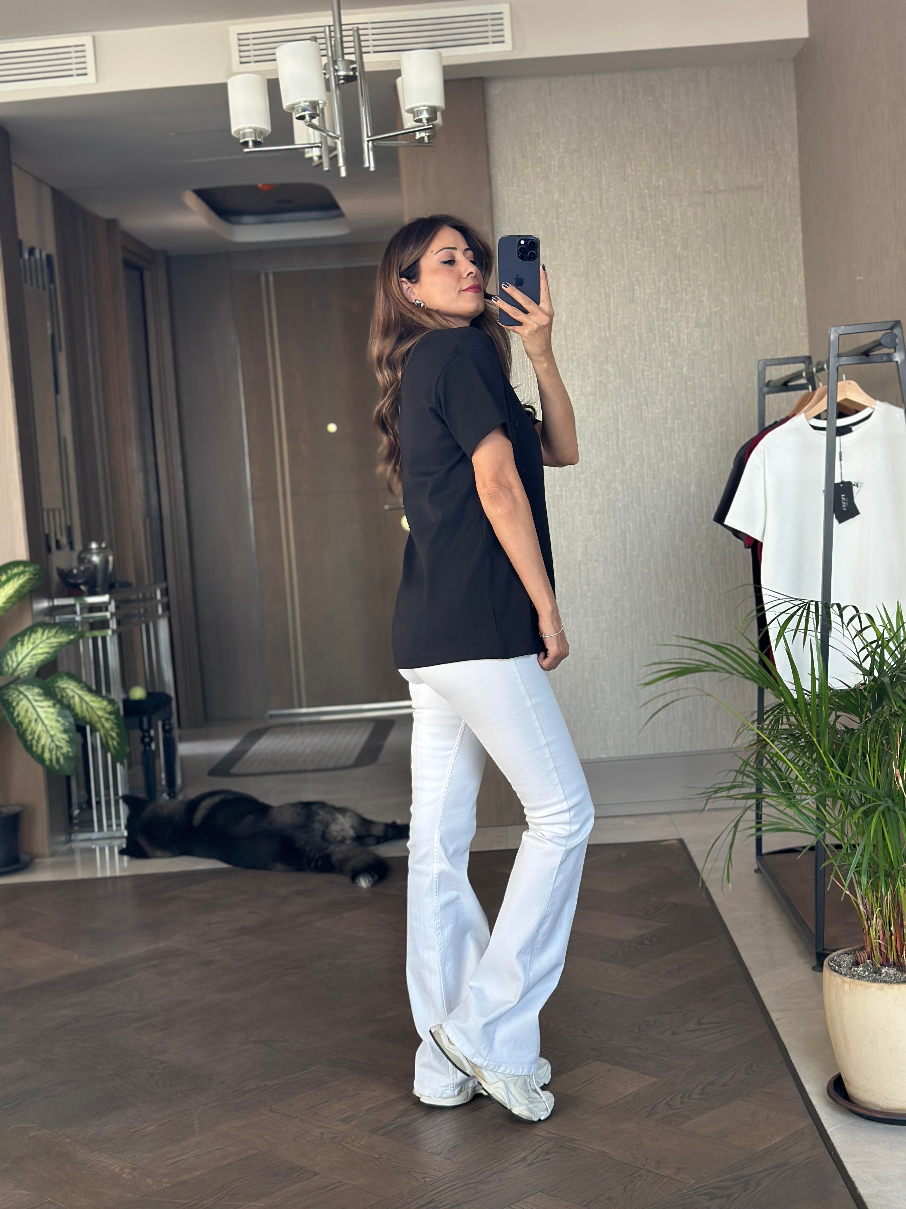 Siyah Prd Üçgen Logolu Bisiklet Yaka Kadın T-Shirt