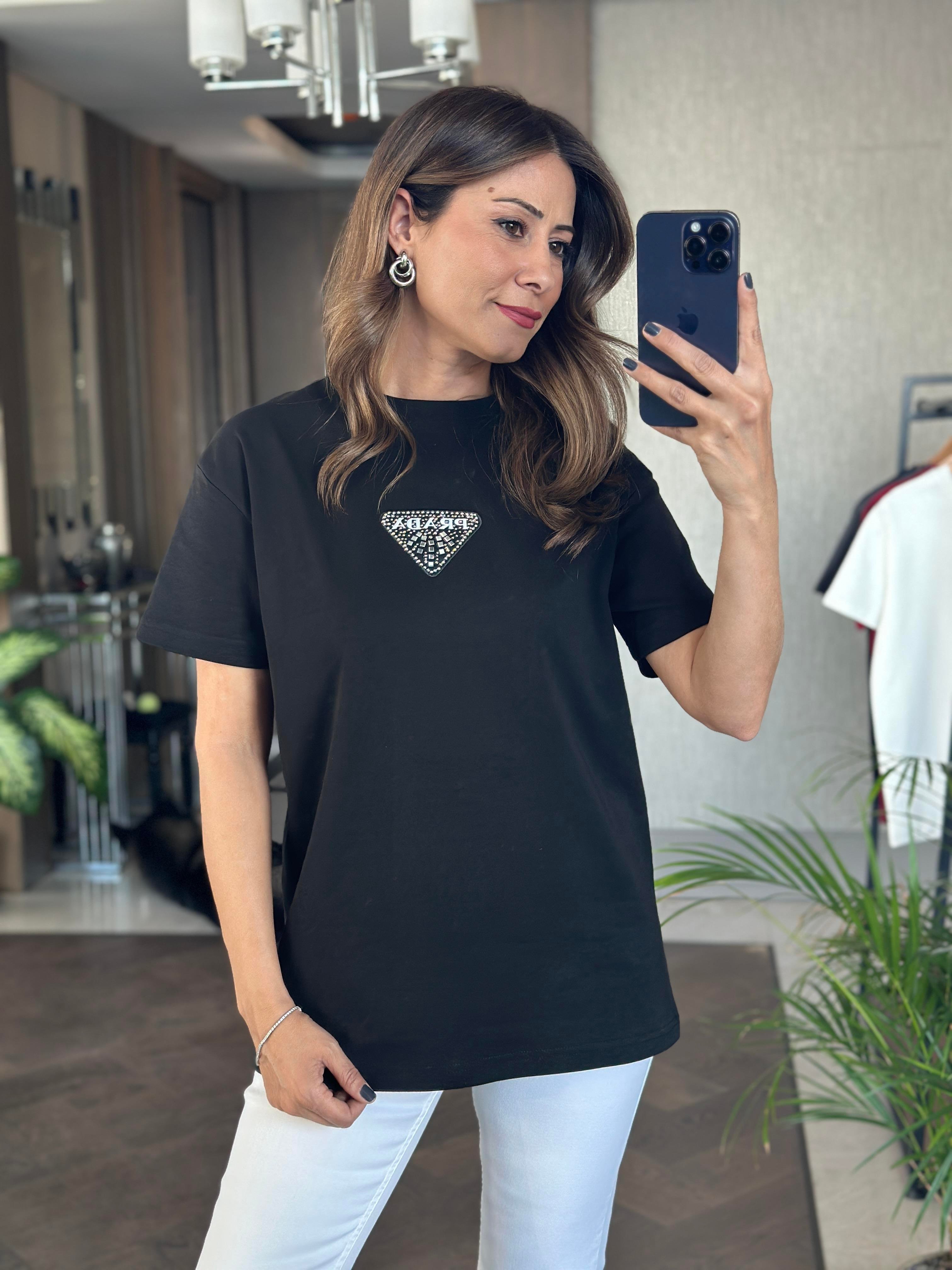 Siyah Prd Üçgen Logolu Bisiklet Yaka Kadın T-Shirt