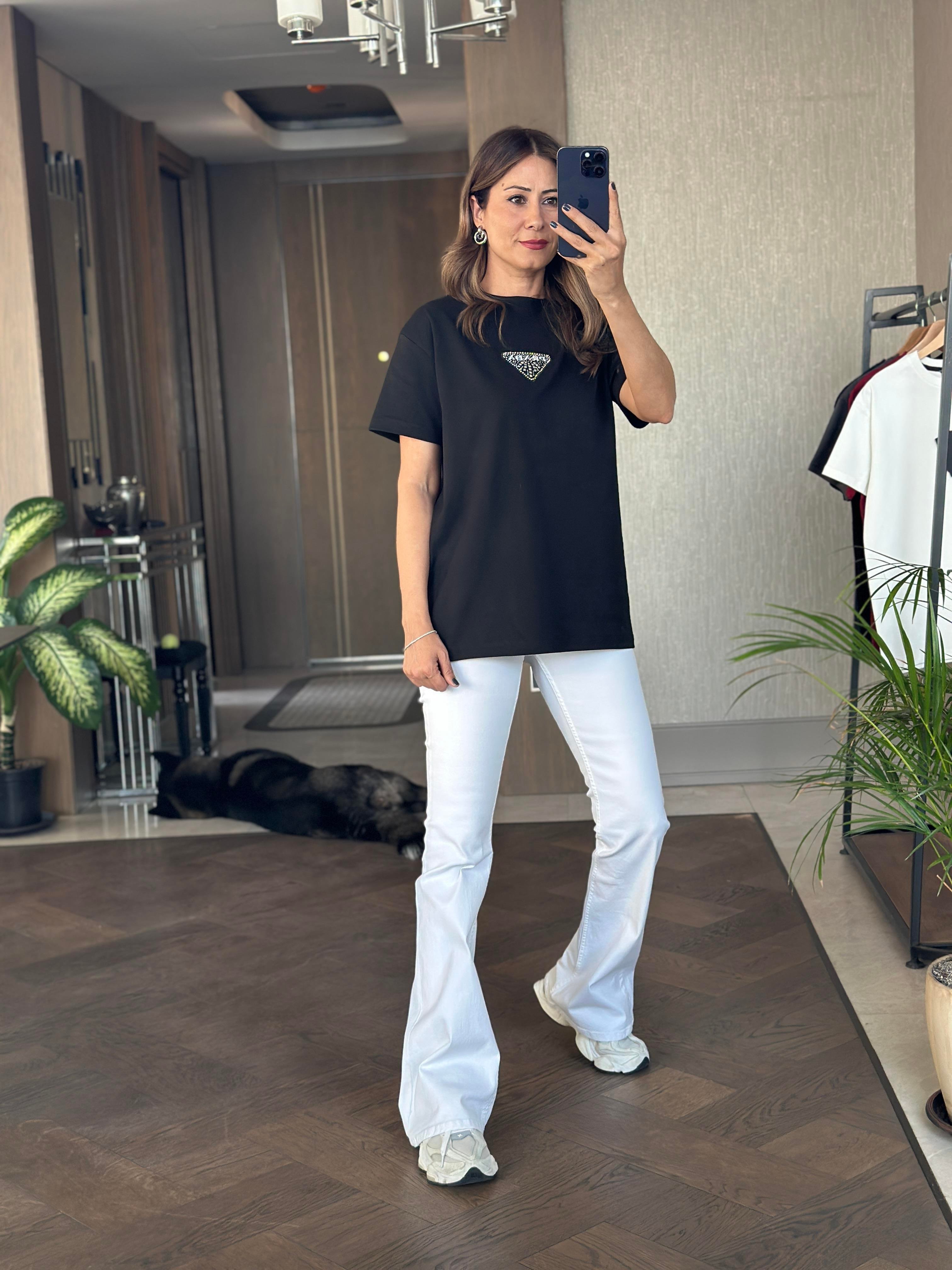 Siyah Prd Üçgen Logolu Bisiklet Yaka Kadın T-Shirt