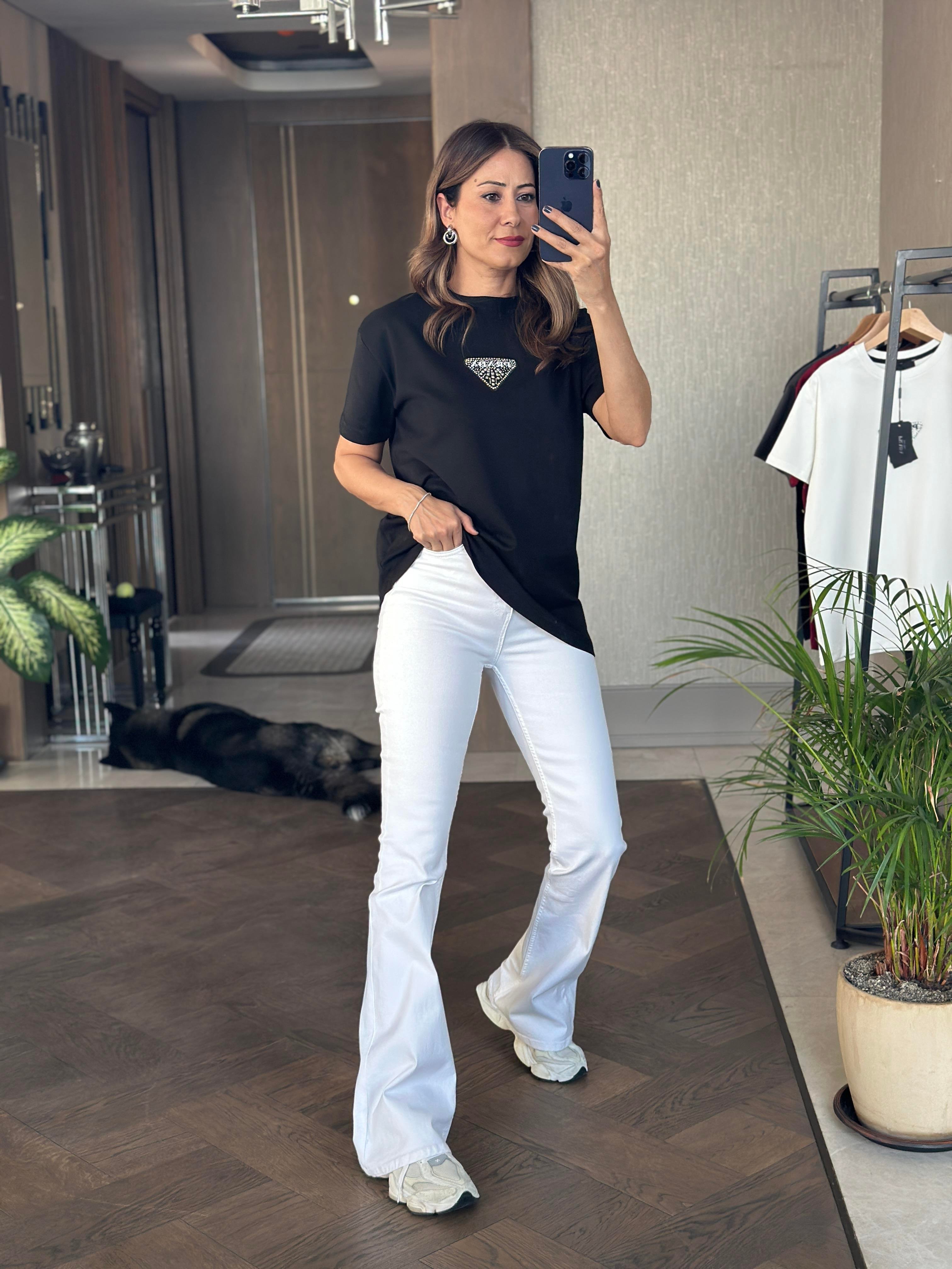 Siyah Prd Üçgen Logolu Bisiklet Yaka Kadın T-Shirt