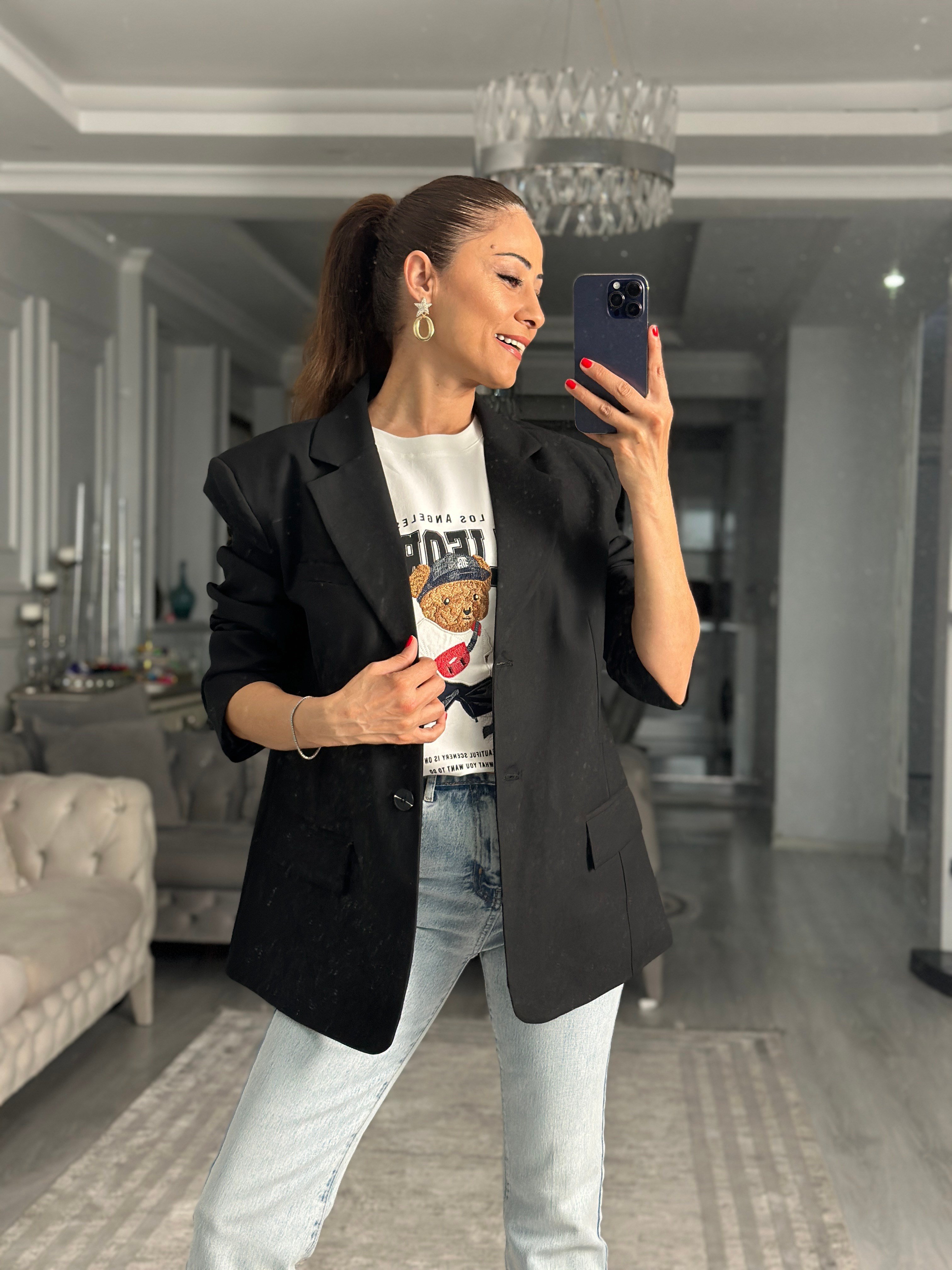 Siyah Premium Blazer Düğmeli Kadın Ceket