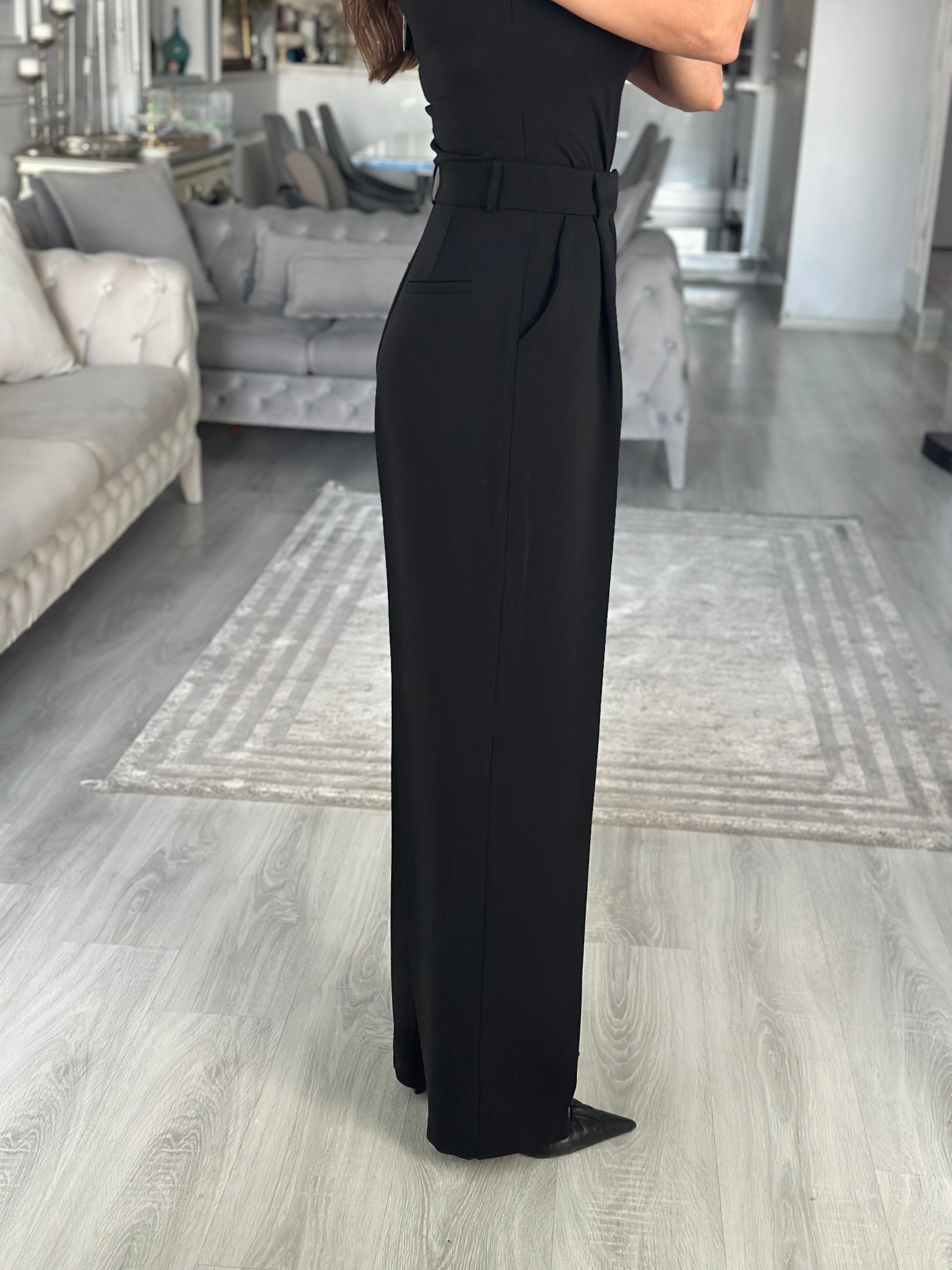 Siyah Premium Dökümlü Kumaş Kadın Pantolon 
