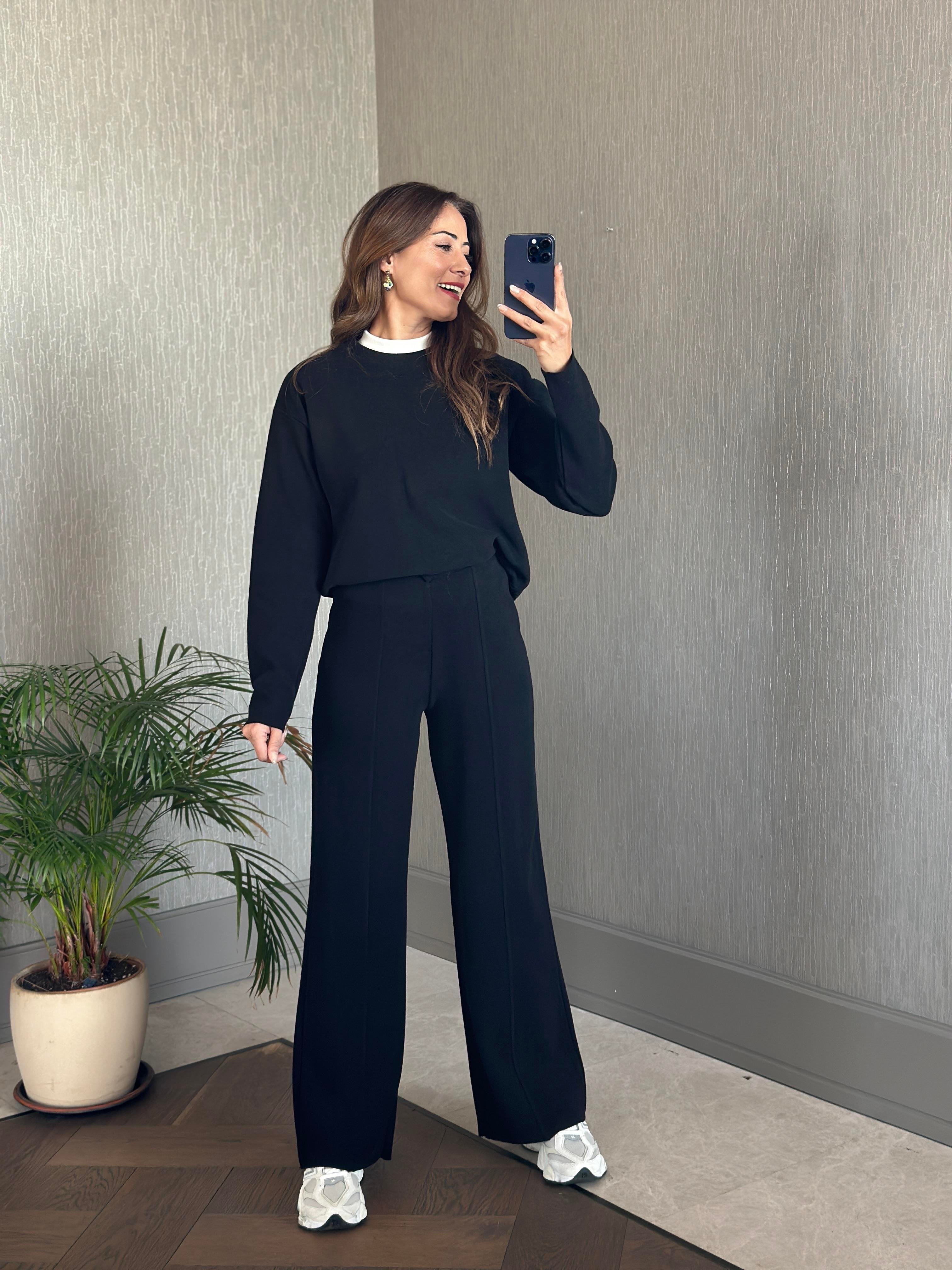 Siyah Selanik Eteği Ve Paçası Kesik Sweatshirt Pantolon Kadın Alt Üst Takım