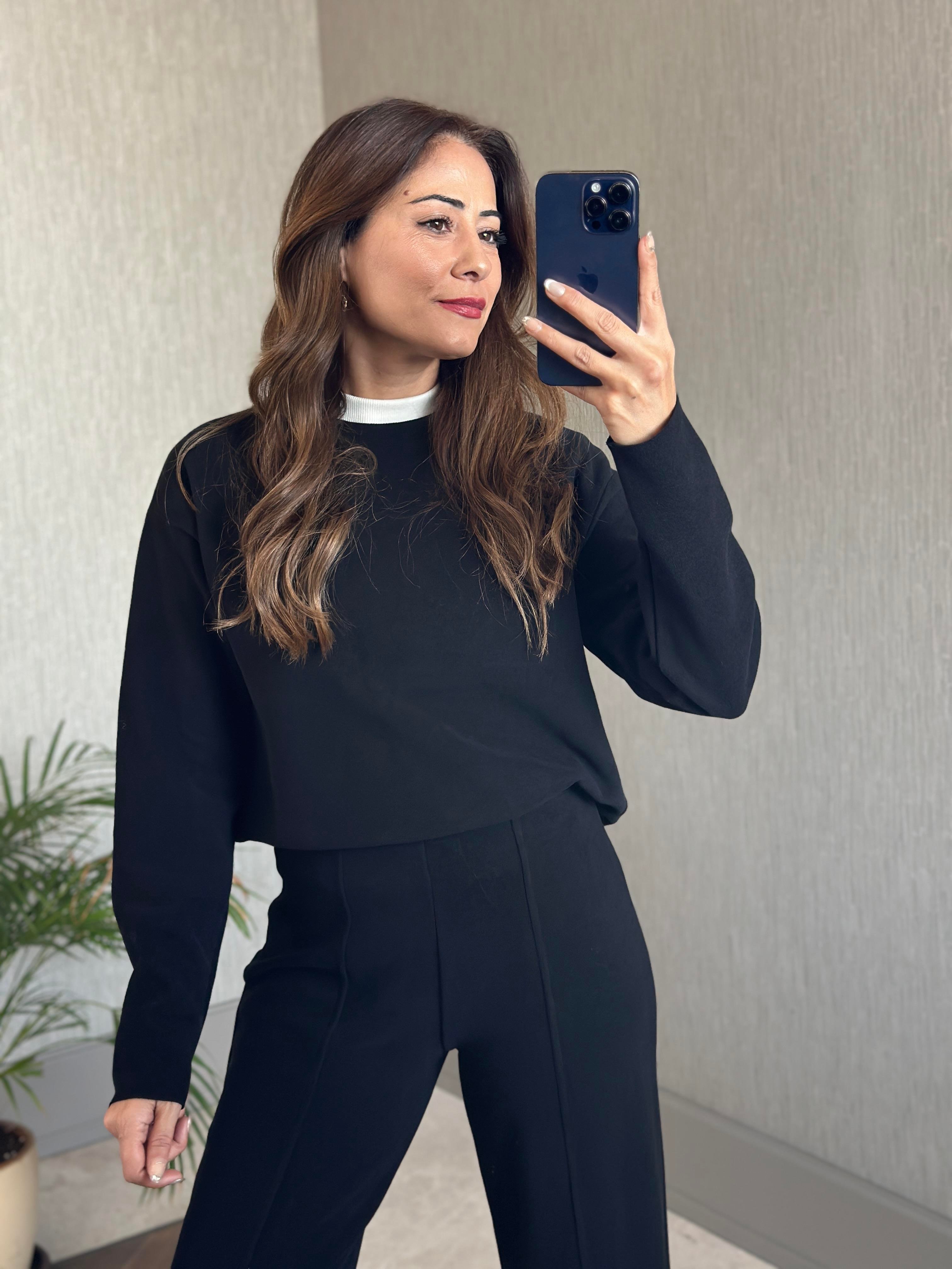 Siyah Selanik Eteği Ve Paçası Kesik Sweatshirt Pantolon Kadın Alt Üst Takım