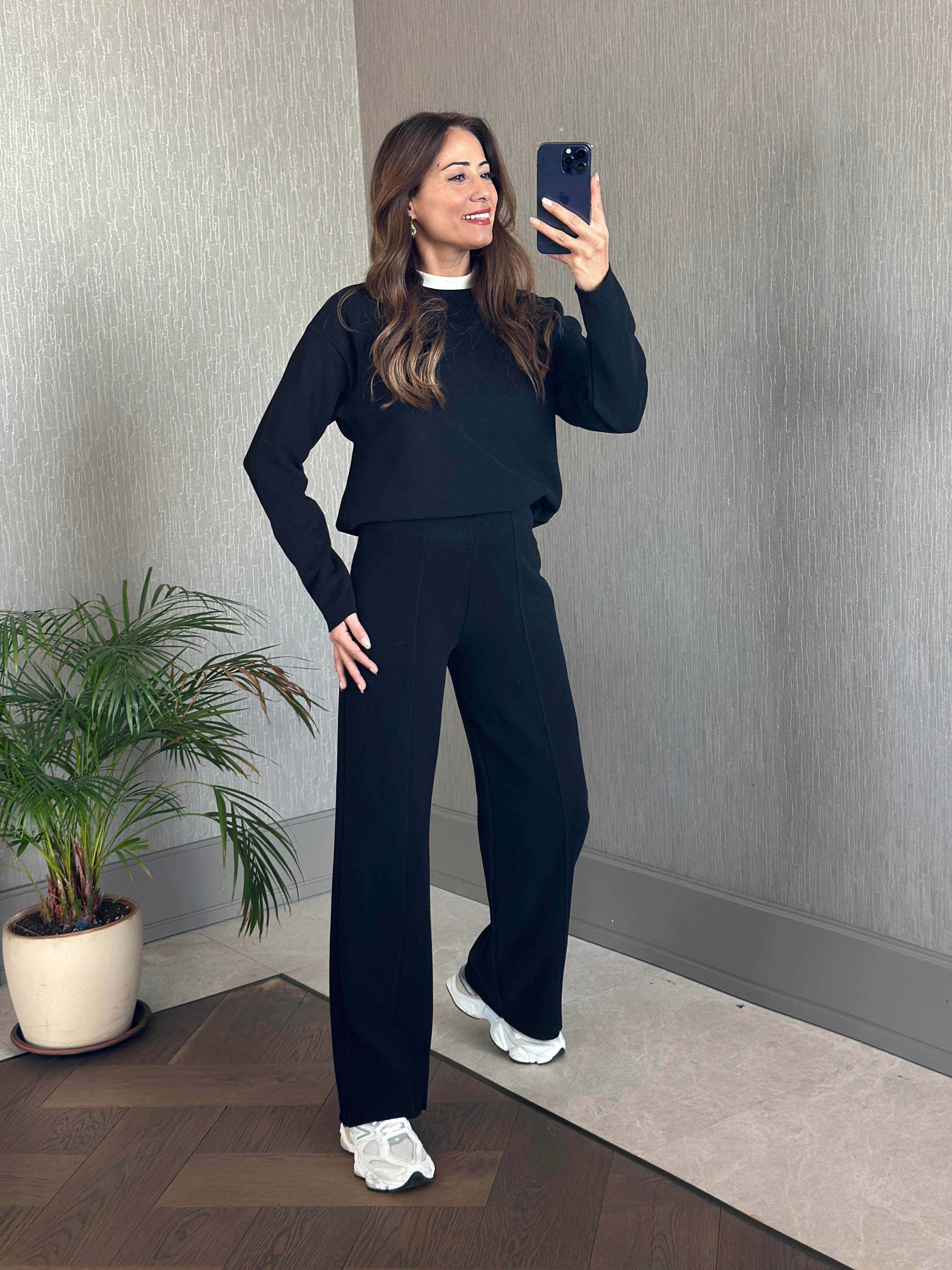 Siyah Selanik Eteği Ve Paçası Kesik Sweatshirt Pantolon Kadın Alt Üst Takım