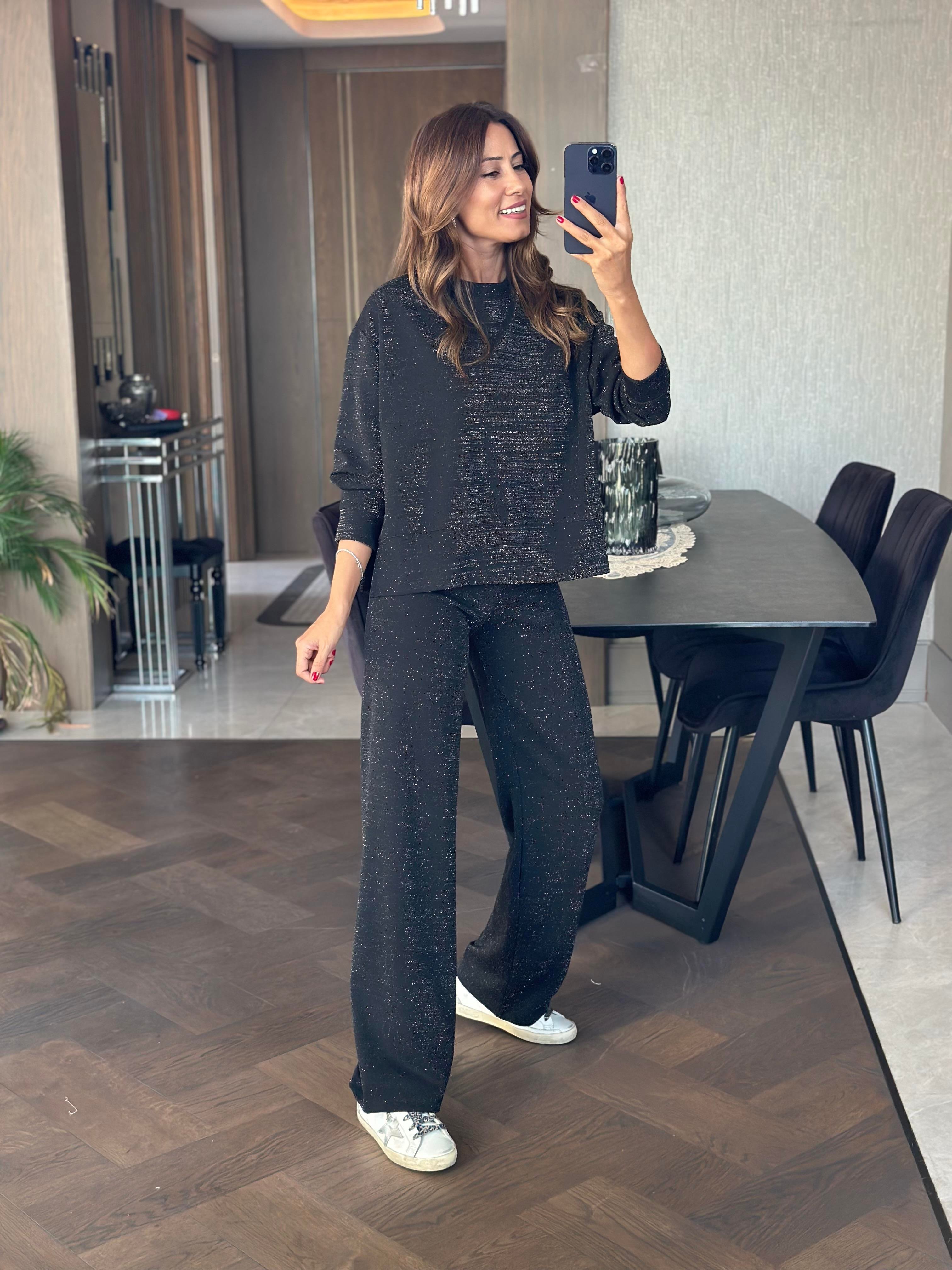 Siyah Simli İthal Scuba Yanları Yırtmaçlı Kadın Sweatshirt