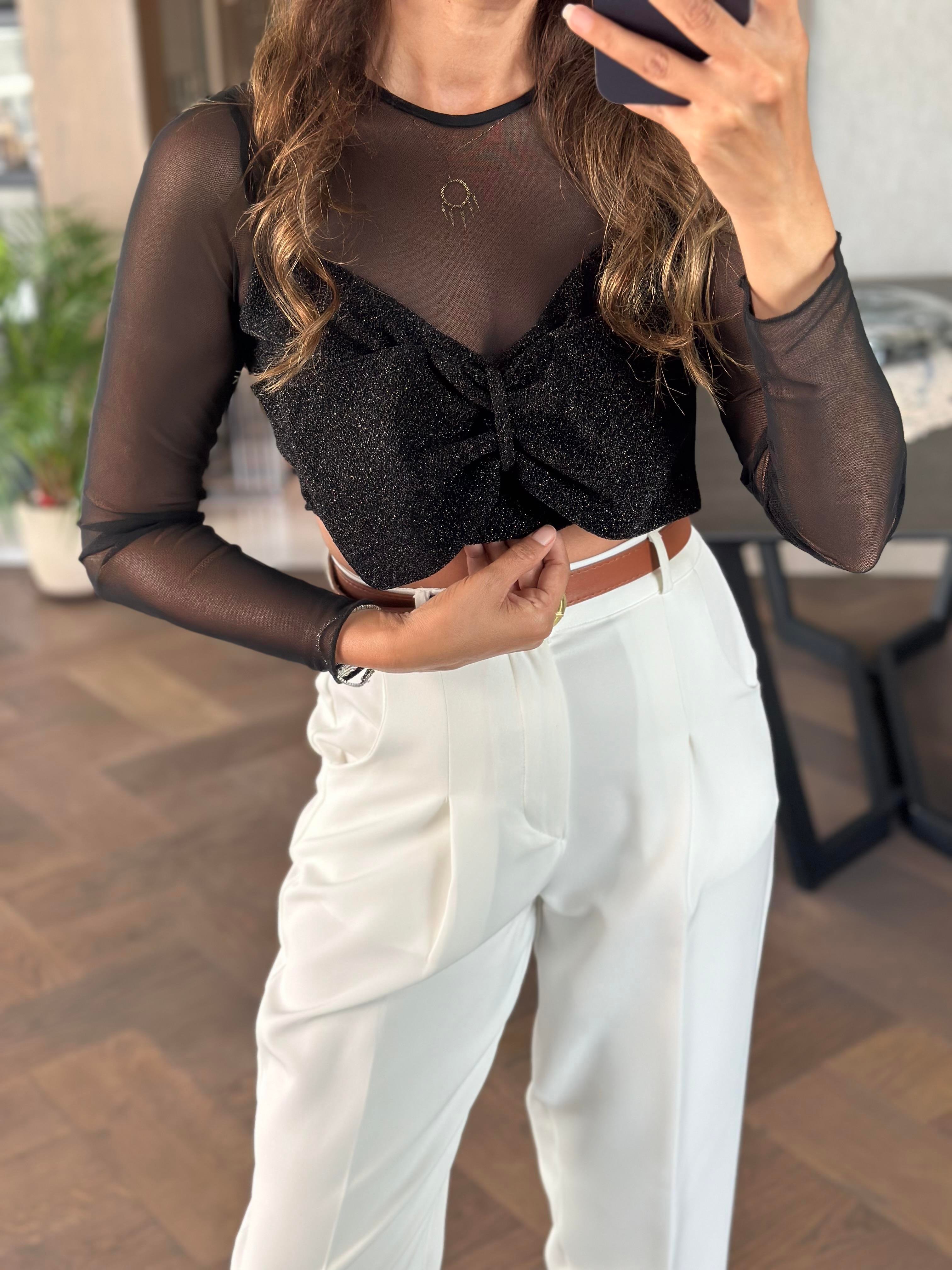 Siyah Simli Önü Fiyonk Detay Tül Kadın Crop Bluz