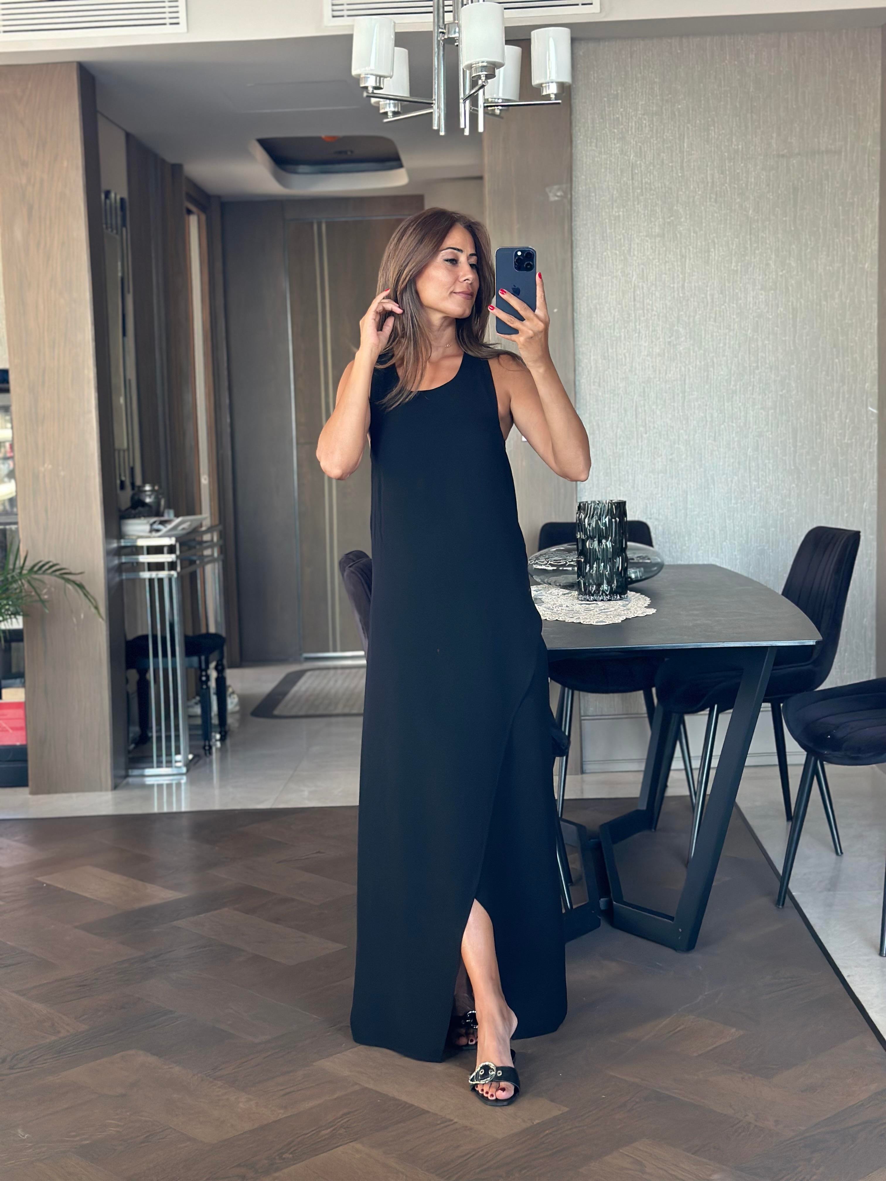 Siyah Sırtı Bambu Aksesuarlı Eteği Anvelop Kadın Keten Elbise 