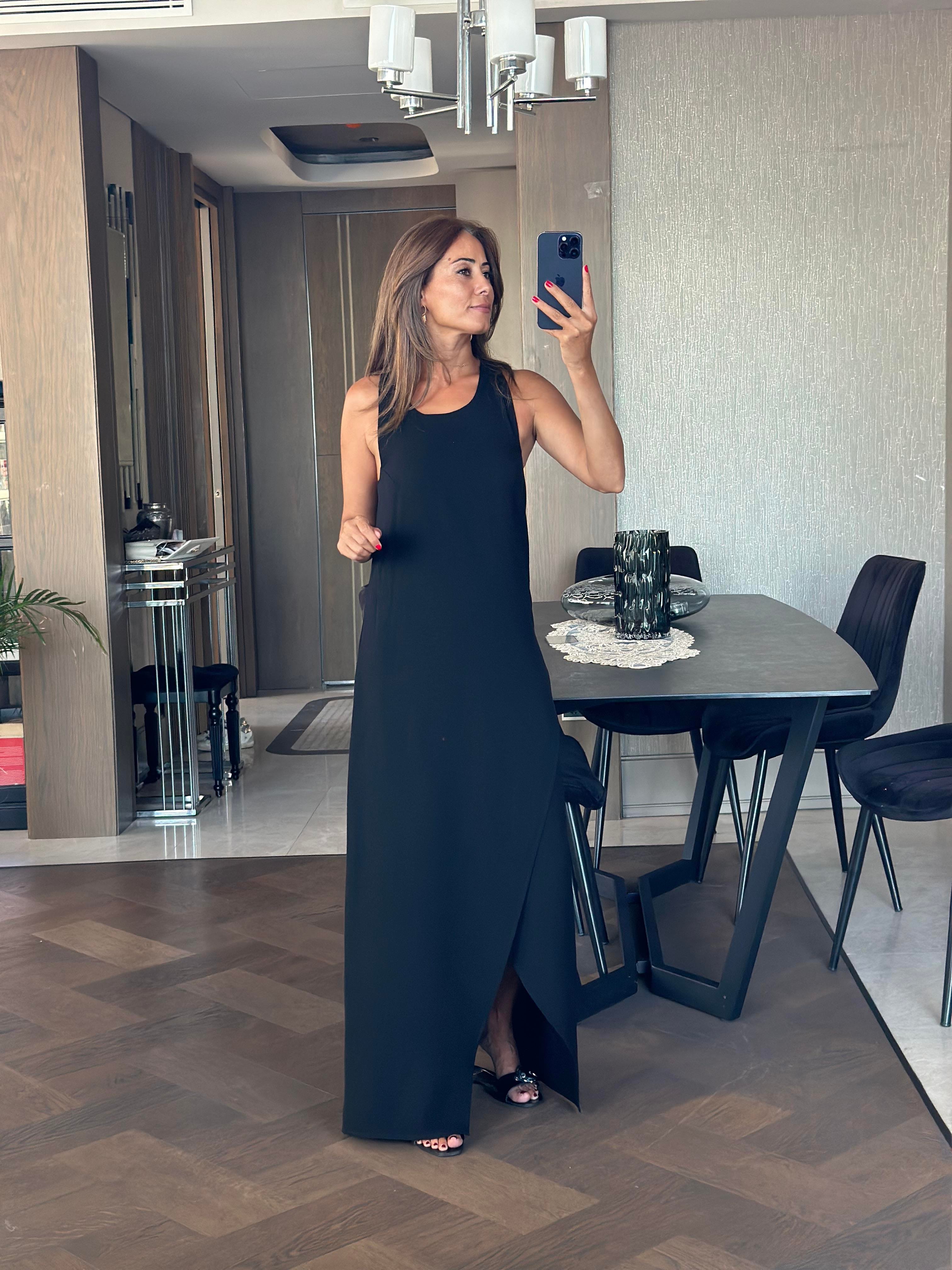 Siyah Sırtı Bambu Aksesuarlı Eteği Anvelop Kadın Keten Elbise 