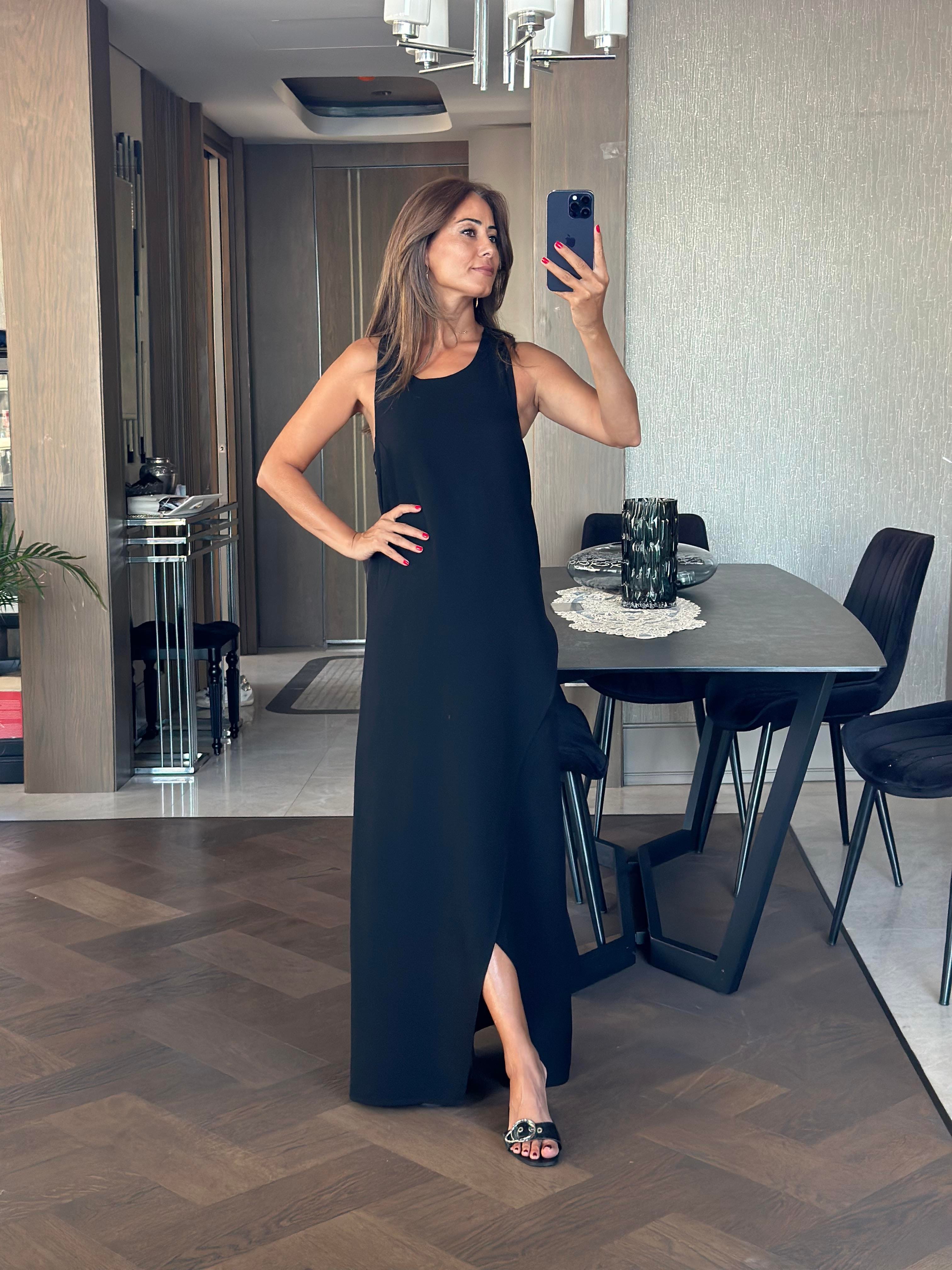 Siyah Sırtı Bambu Aksesuarlı Eteği Anvelop Kadın Keten Elbise 