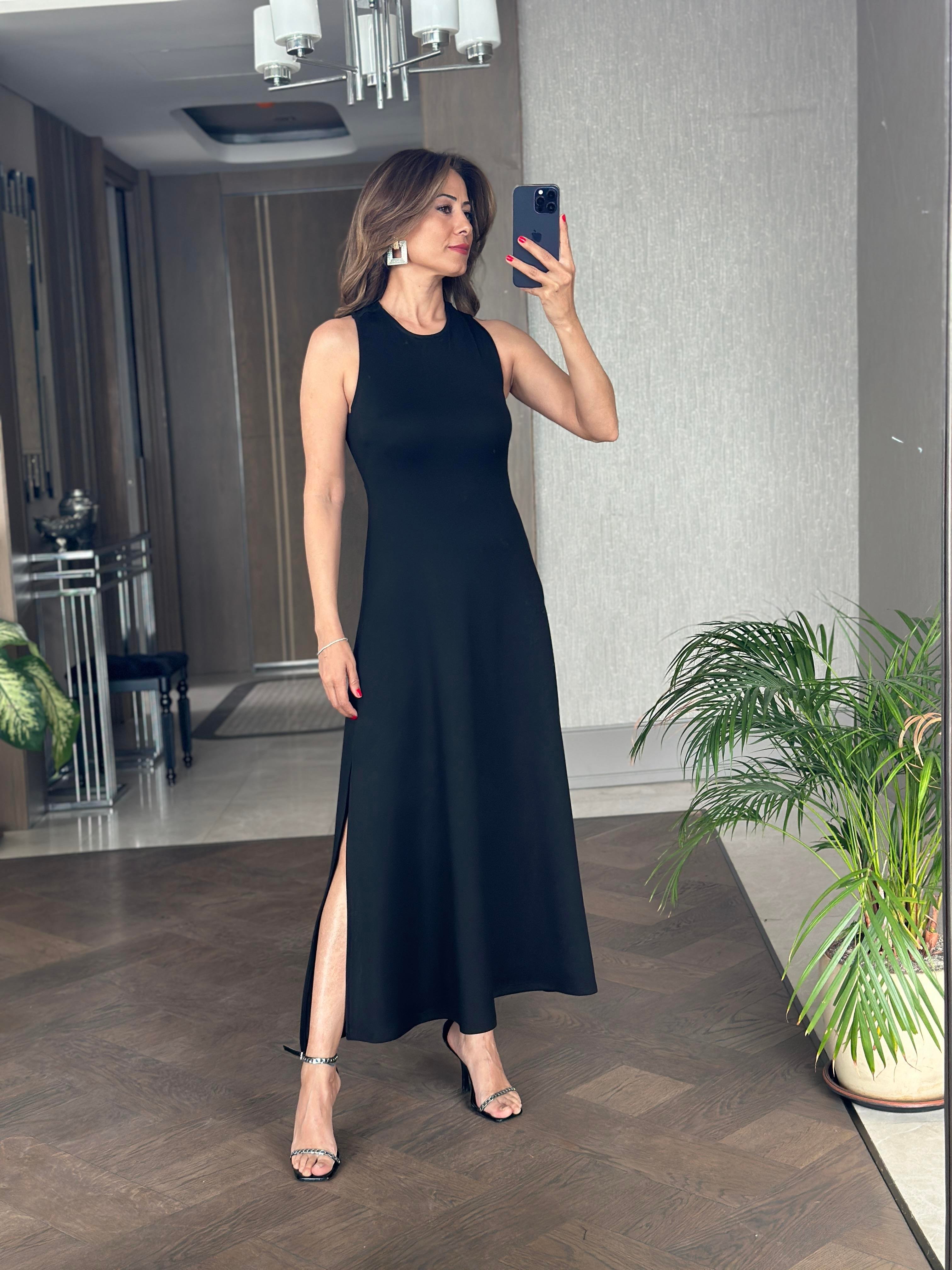 Siyah Sırtı Çapraz Bisiklet Yaka Modal Kadın Elbise