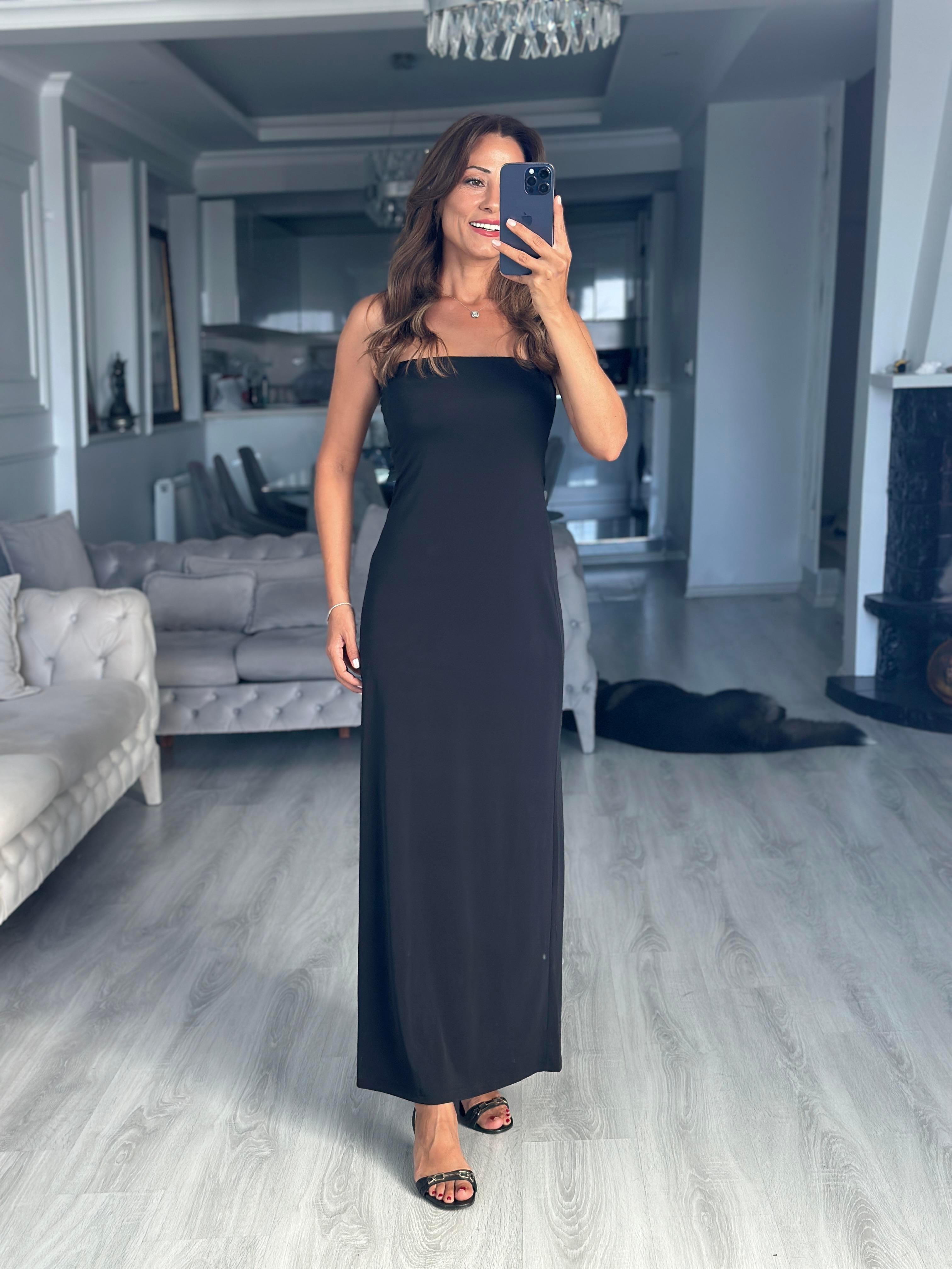 Siyah Straplez Sandy Midi Boy Kadın Elbise