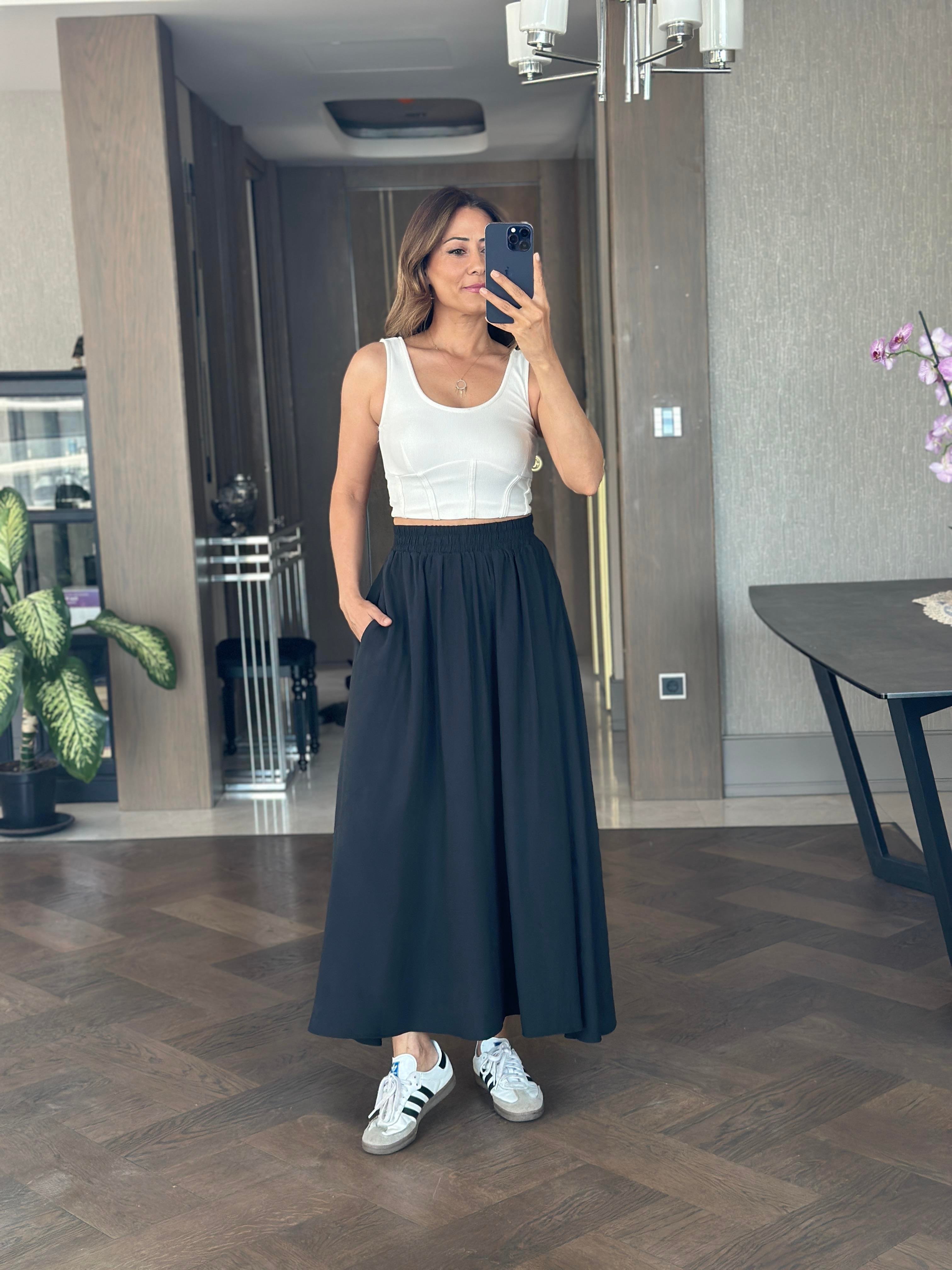 Siyah Tnsl Kumaş Beli Lastikli Cepli Kadın Midi Boy Etek