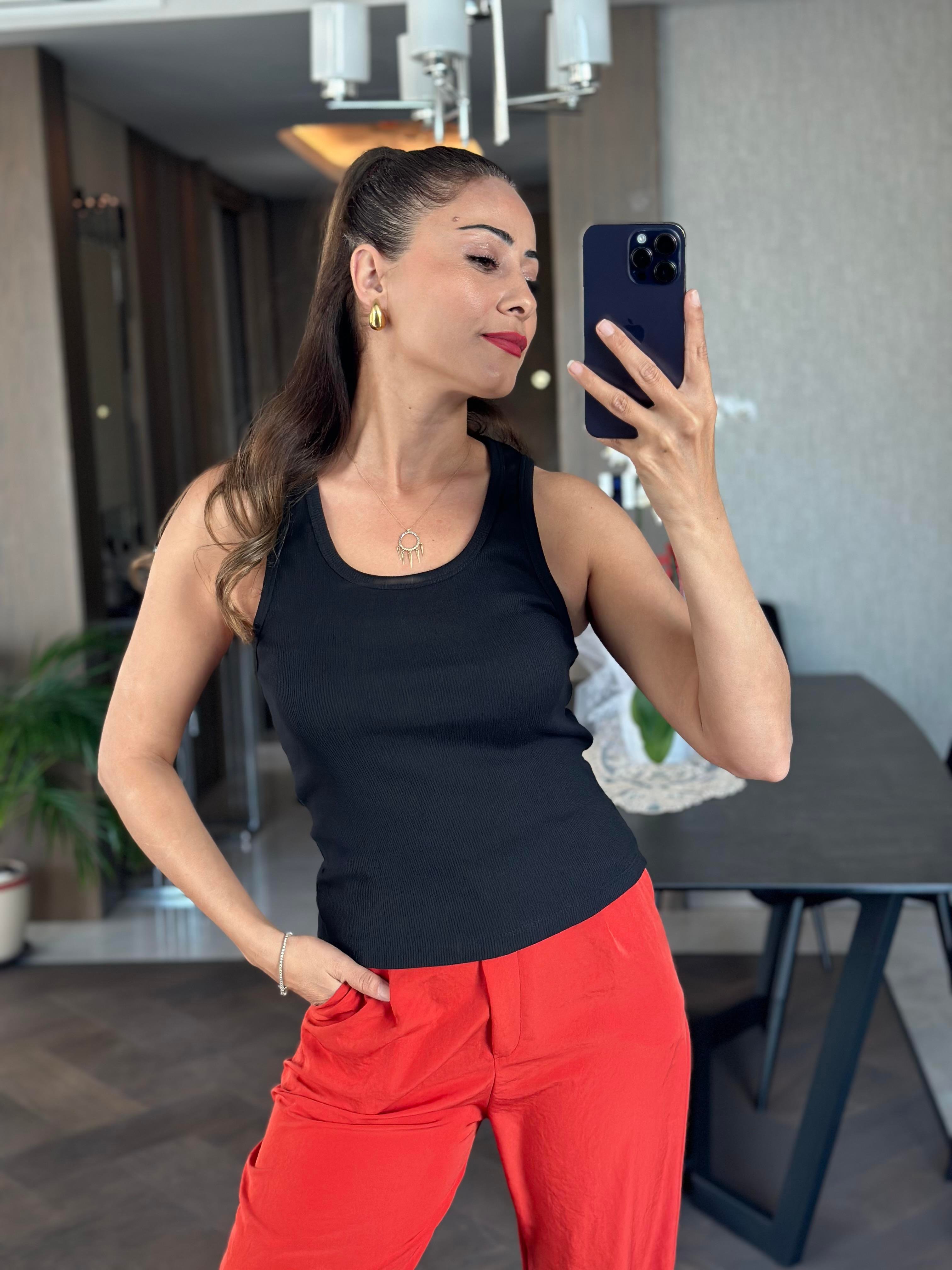 Siyah U Yaka Sıfır Kol Fitilli Kaşkorse  Kadın Body