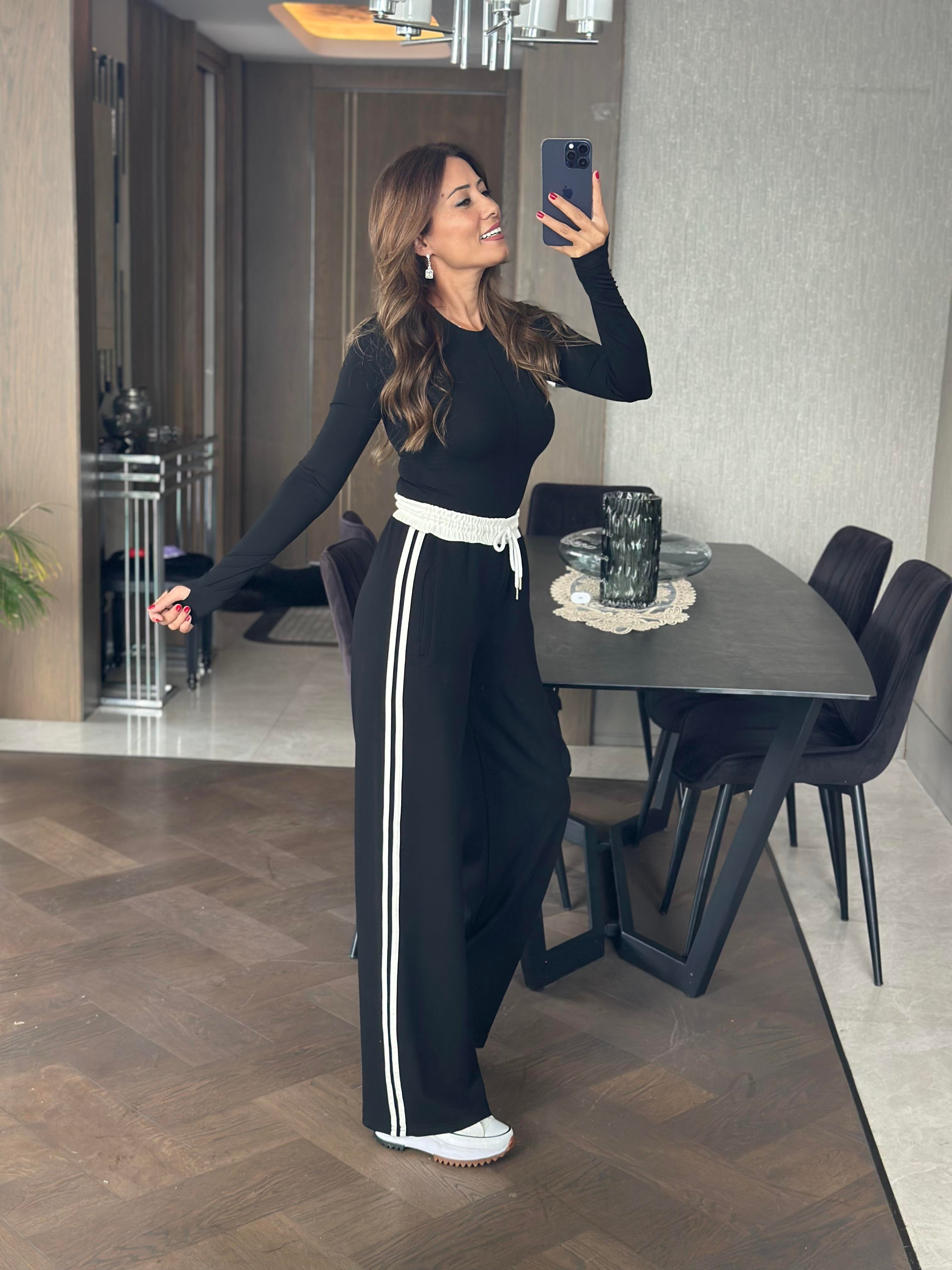 Siyah Yanları Şeritli Bağcıklı Cepli Palazzo Kadın Eşofman Altı