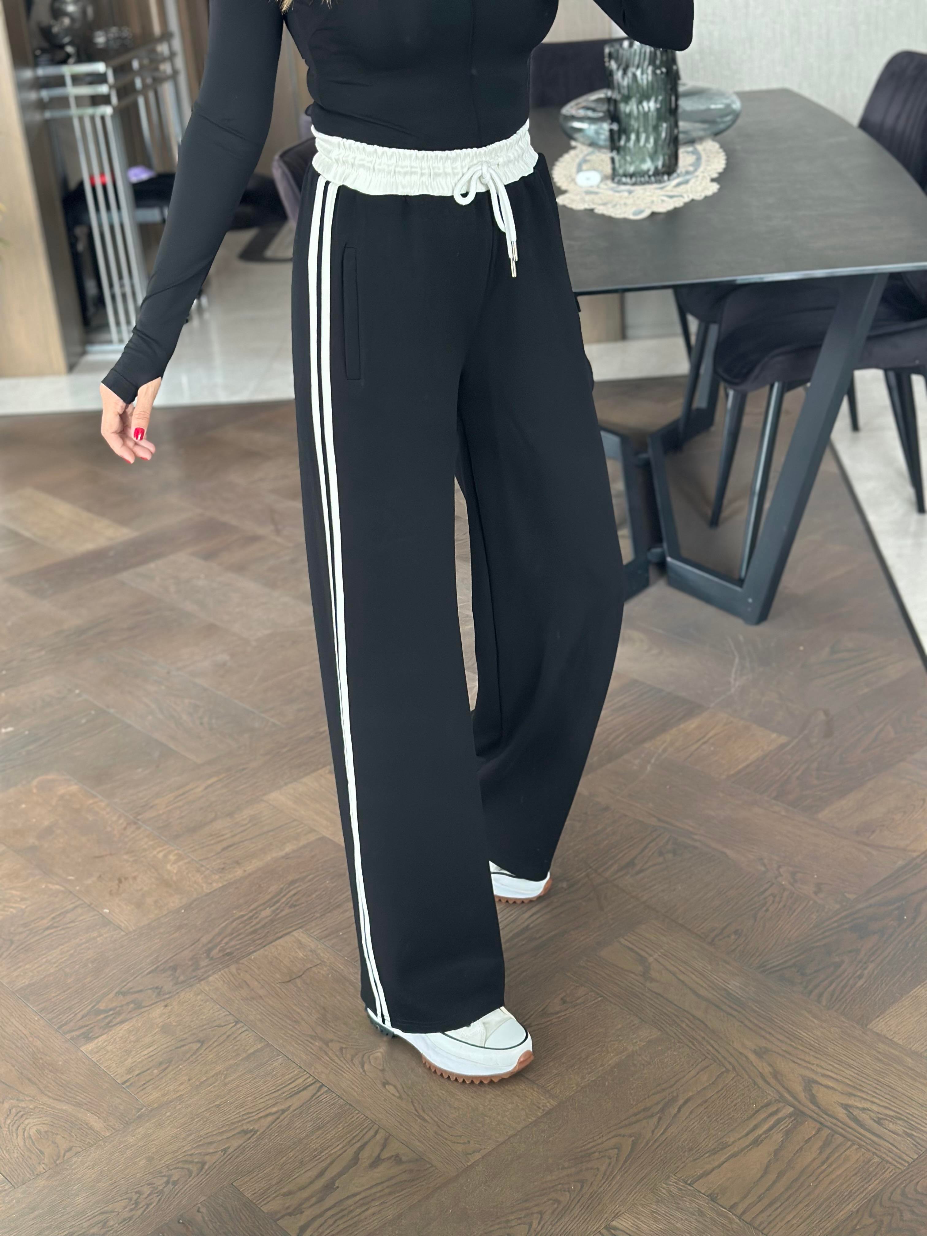 Siyah Yanları Şeritli Bağcıklı Cepli Palazzo Kadın Eşofman Altı