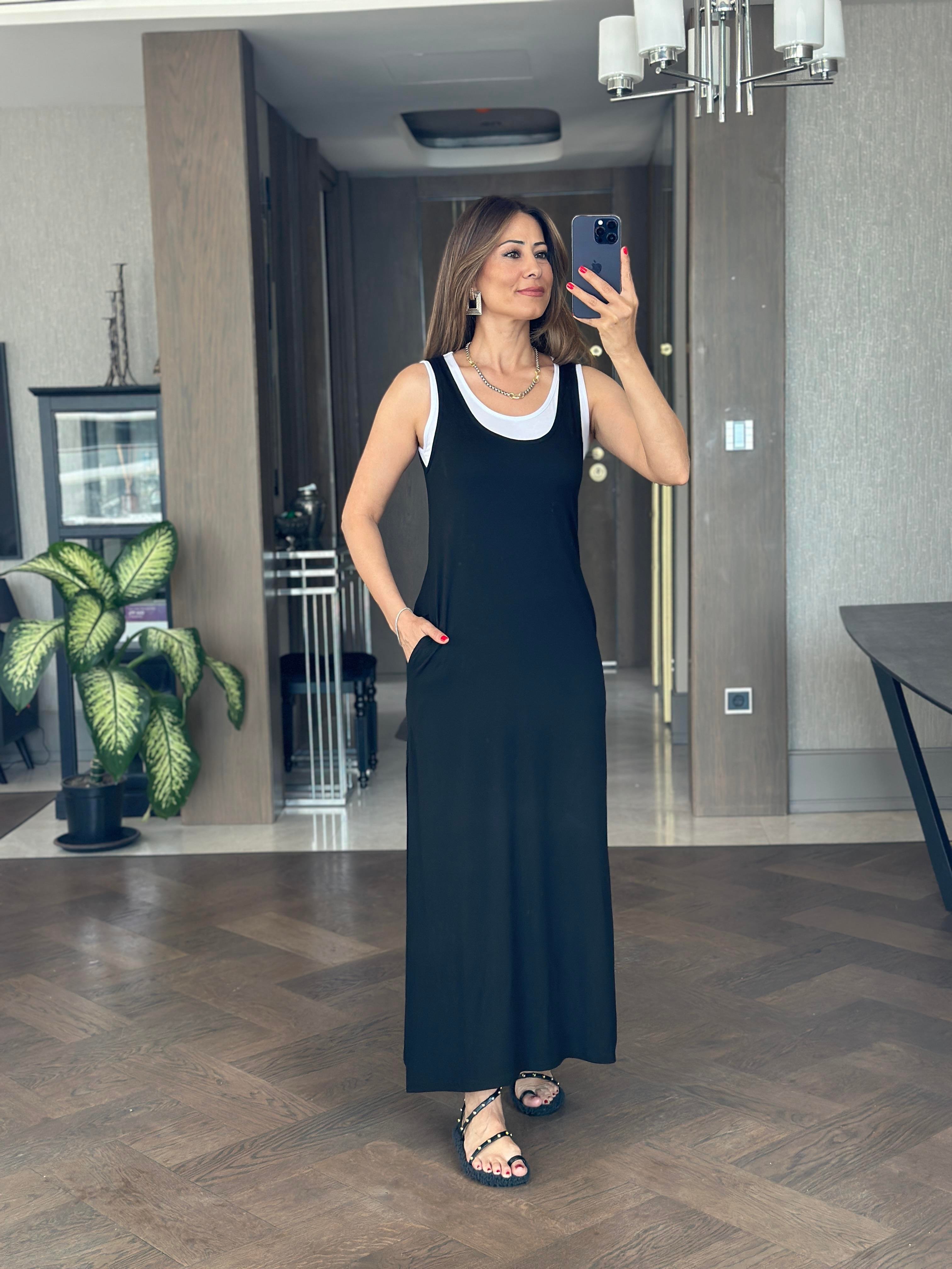 Siyah Yanları Yırtmaçlı Maksi Boy İkili Kadın Elbise 