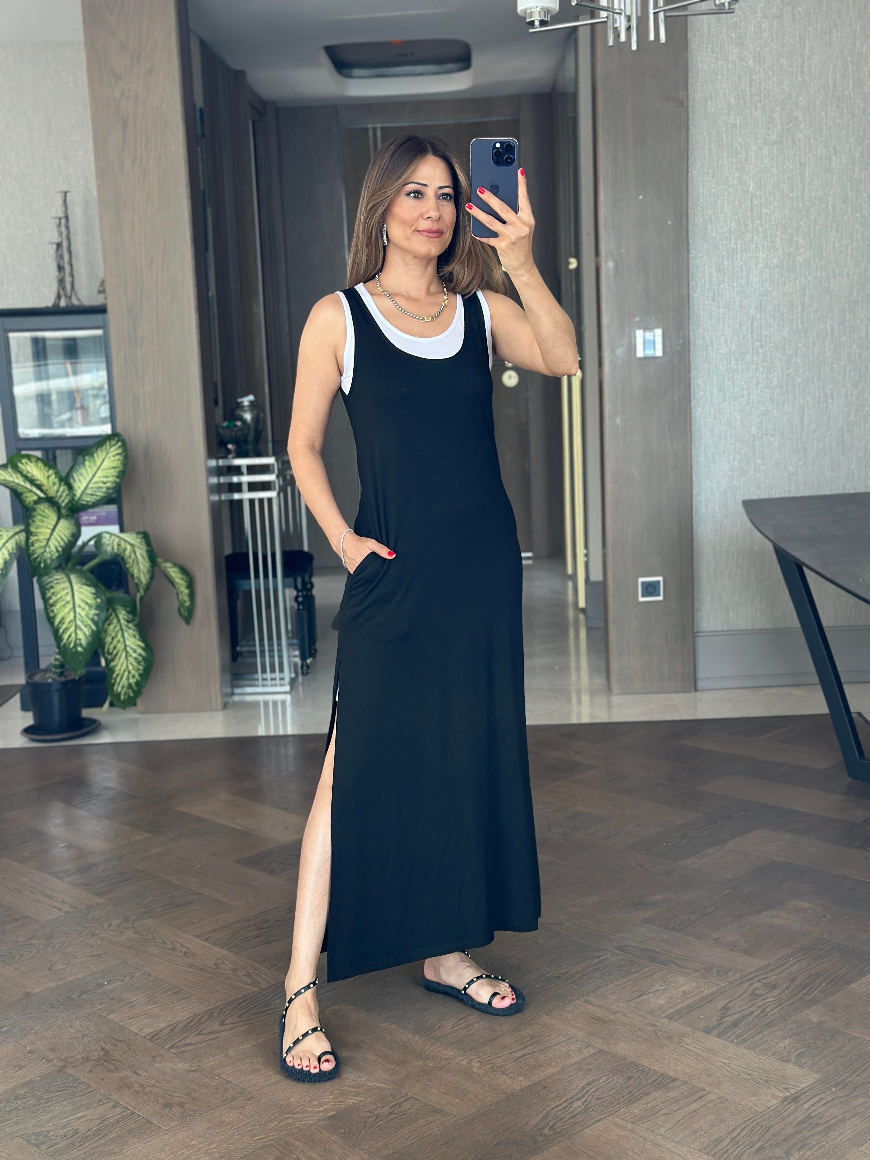 Siyah Yanları Yırtmaçlı Maksi Boy İkili Kadın Elbise 