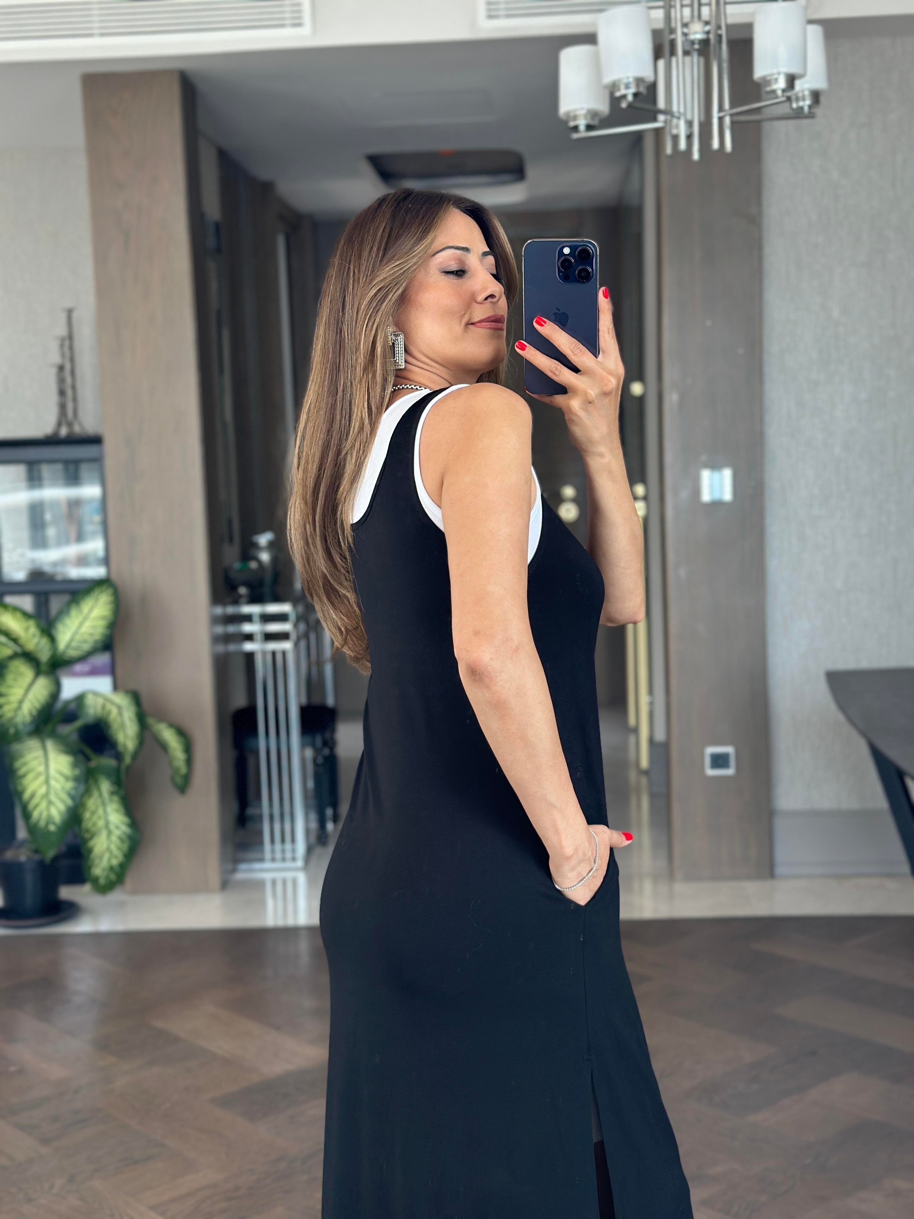 Siyah Yanları Yırtmaçlı Maksi Boy İkili Kadın Elbise 