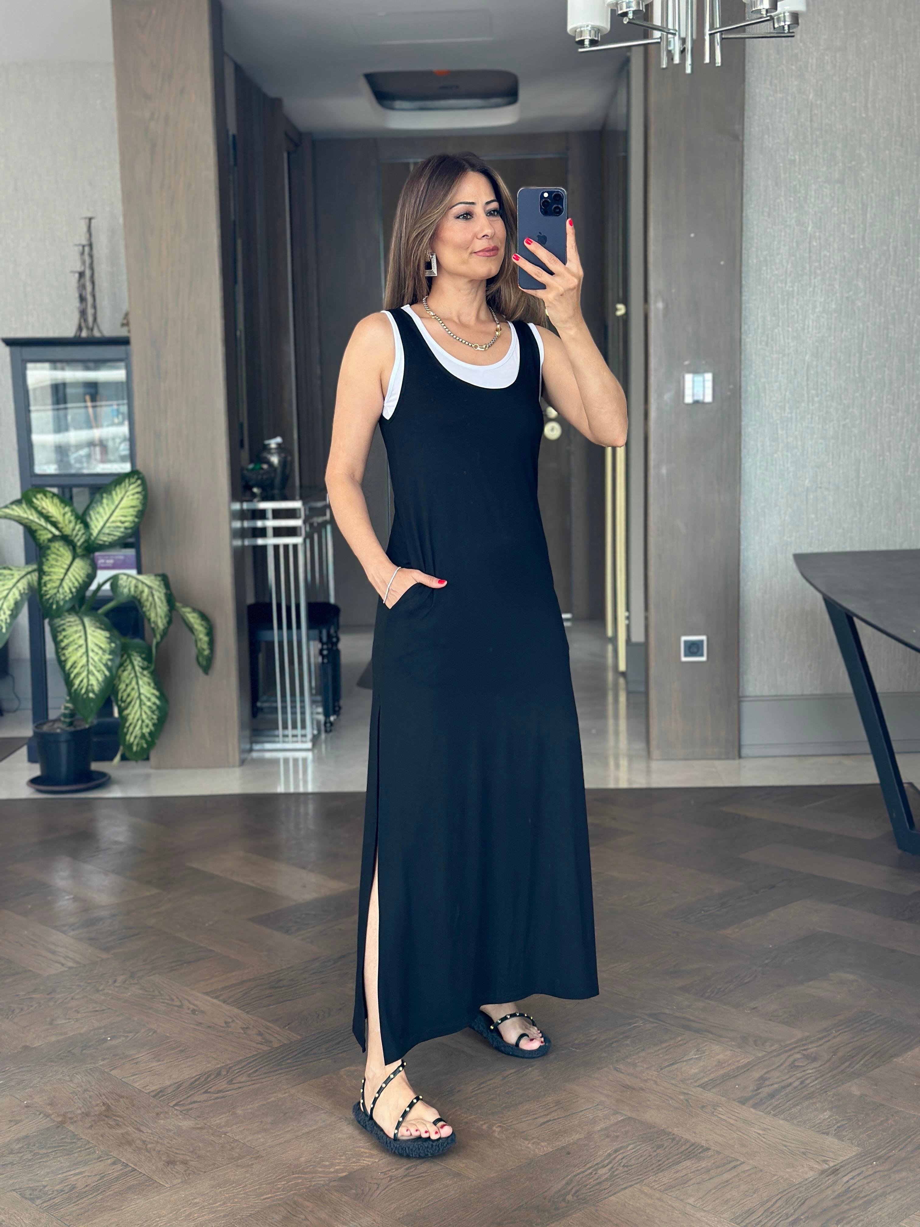 Siyah Yanları Yırtmaçlı Maksi Boy İkili Kadın Elbise 