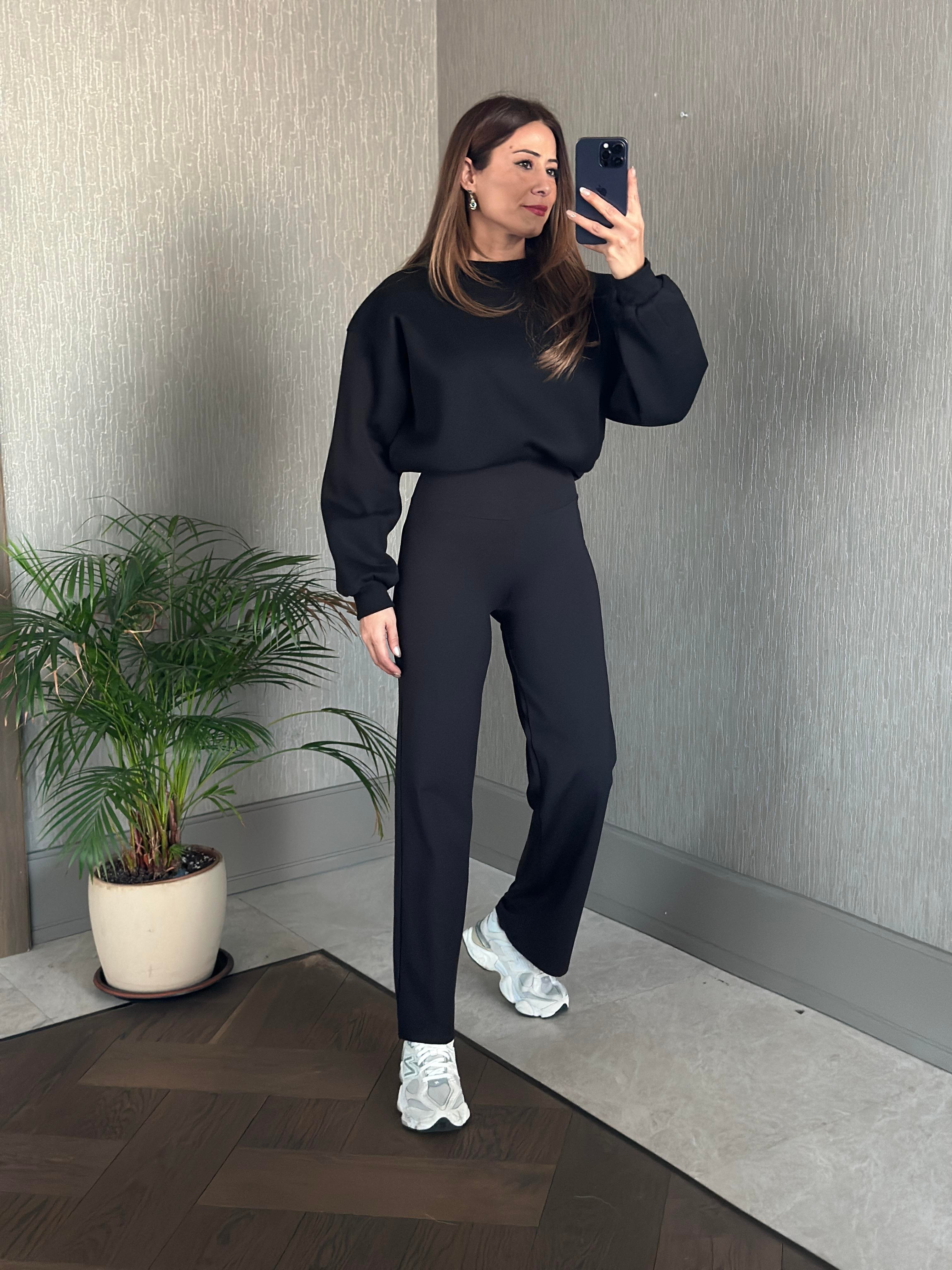 Siyah Yüksek Bel Cepsiz Kadın Yürüyüş Pantolon