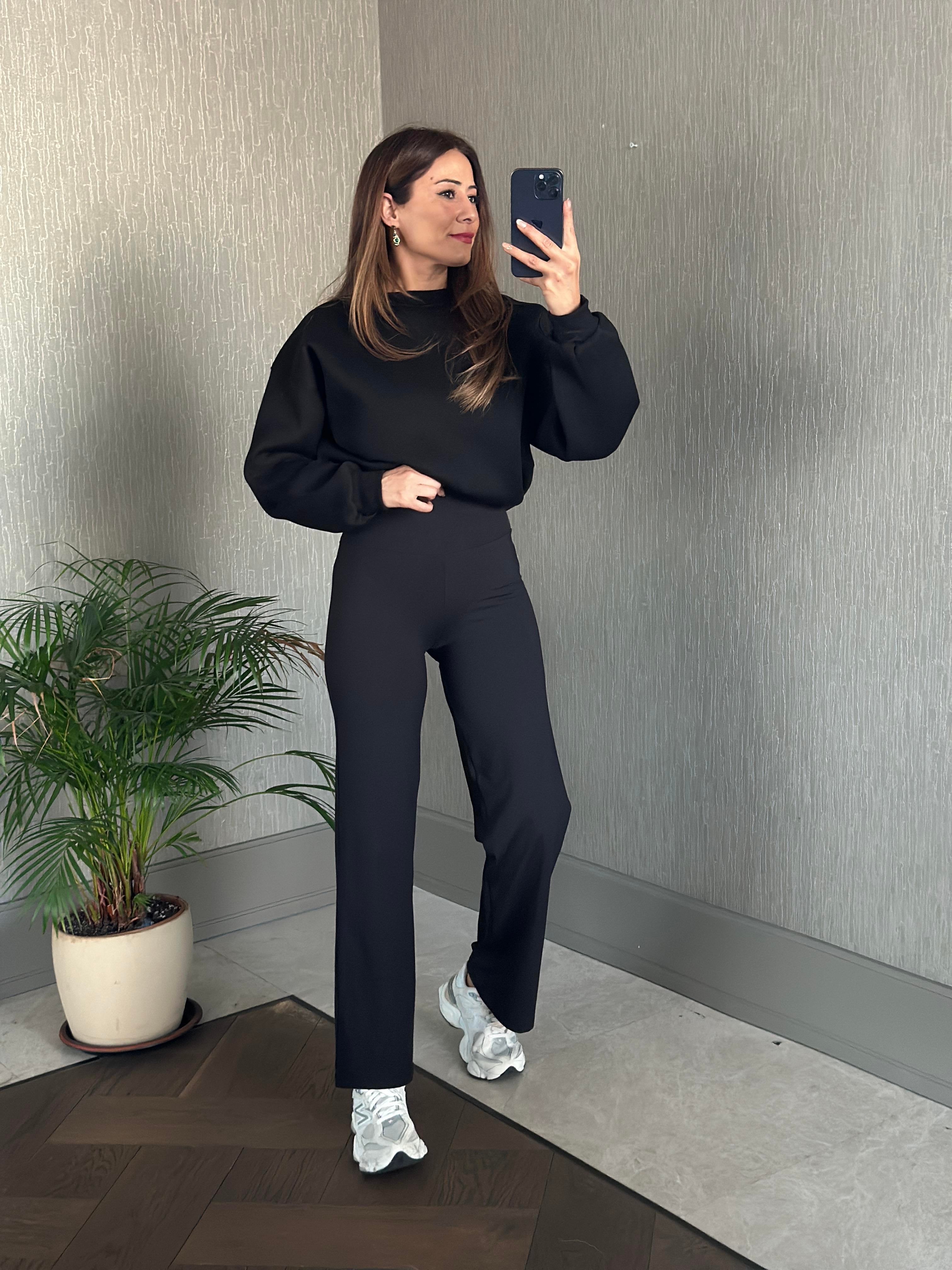 Siyah Yüksek Bel Cepsiz Kadın Yürüyüş Pantolon