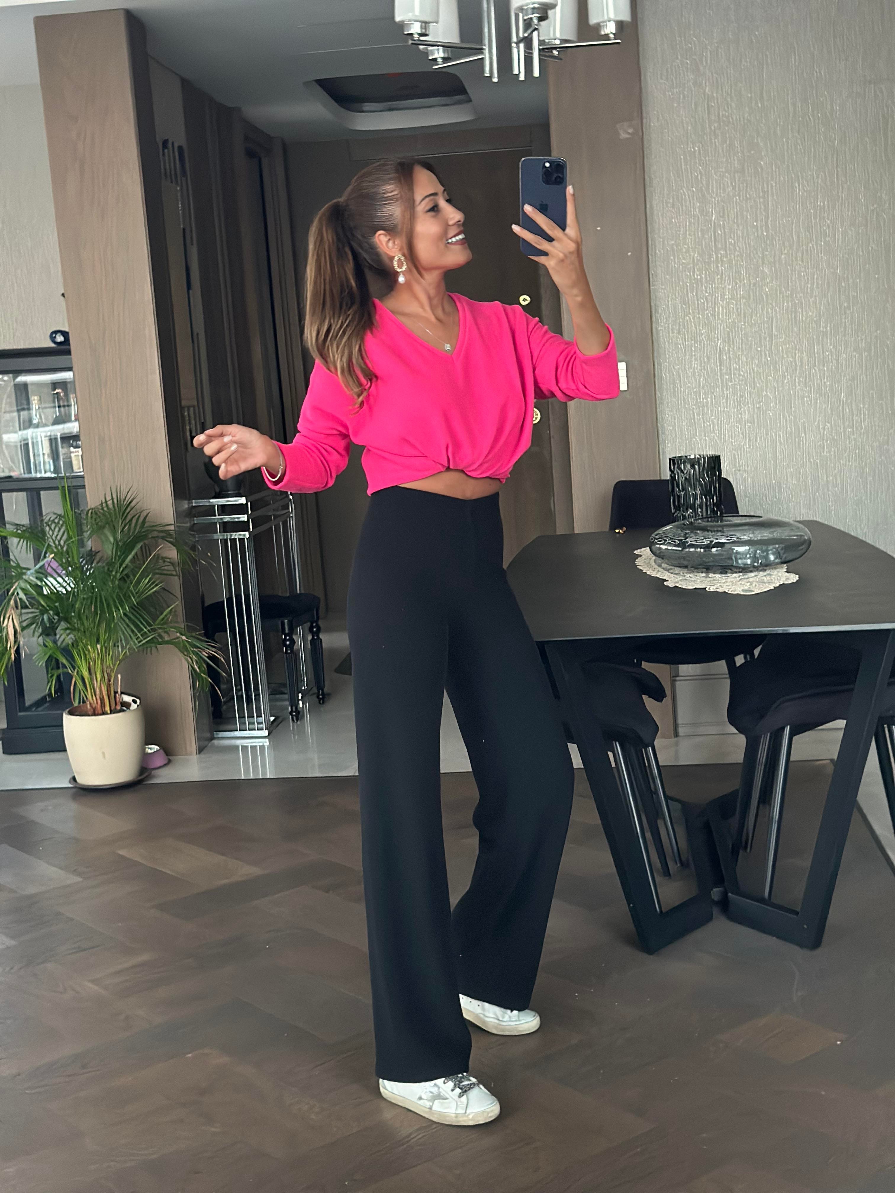 Siyah Yumoş Beli Lastikli Bol Paça Kadın Pantolon