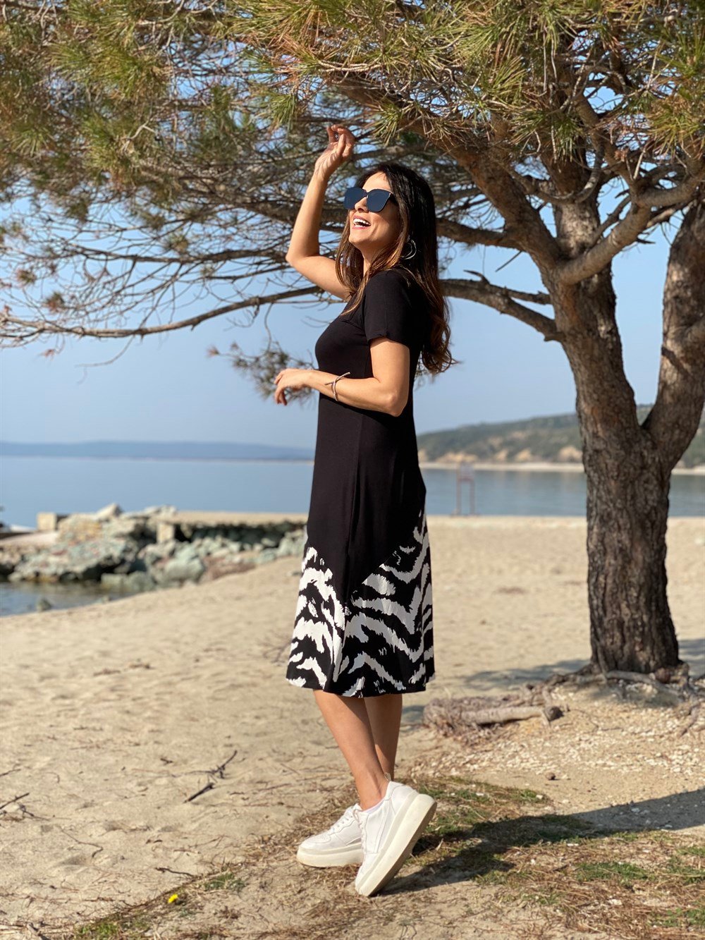 Siyah Zebra Desen Basic Elbise