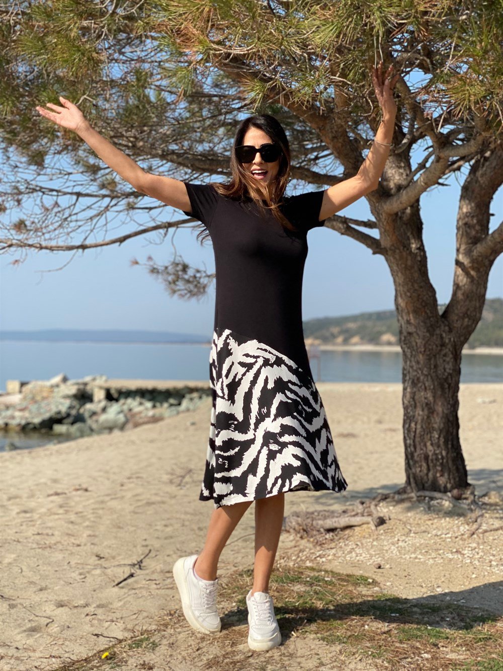 Siyah Zebra Desen Basic Elbise