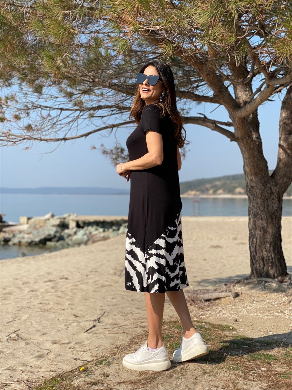 Siyah Zebra Desen Basic Elbise