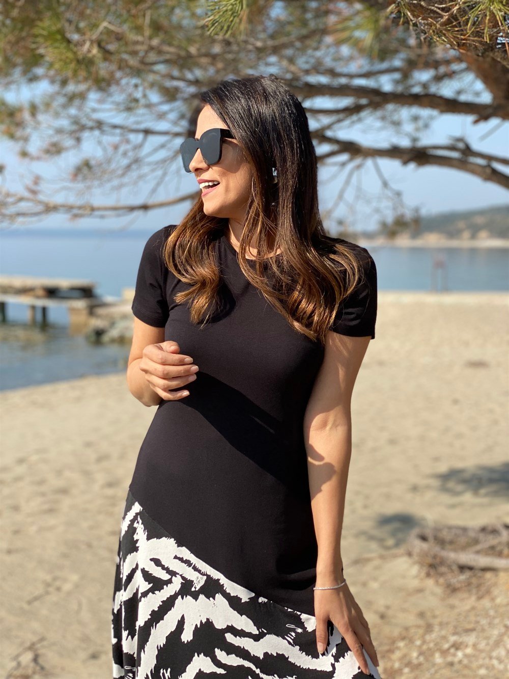 Siyah Zebra Desen Basic Elbise