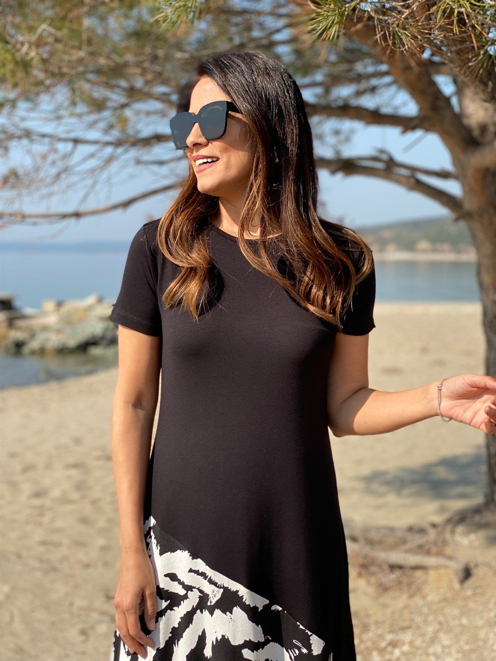 Siyah Zebra Desen Basic Elbise