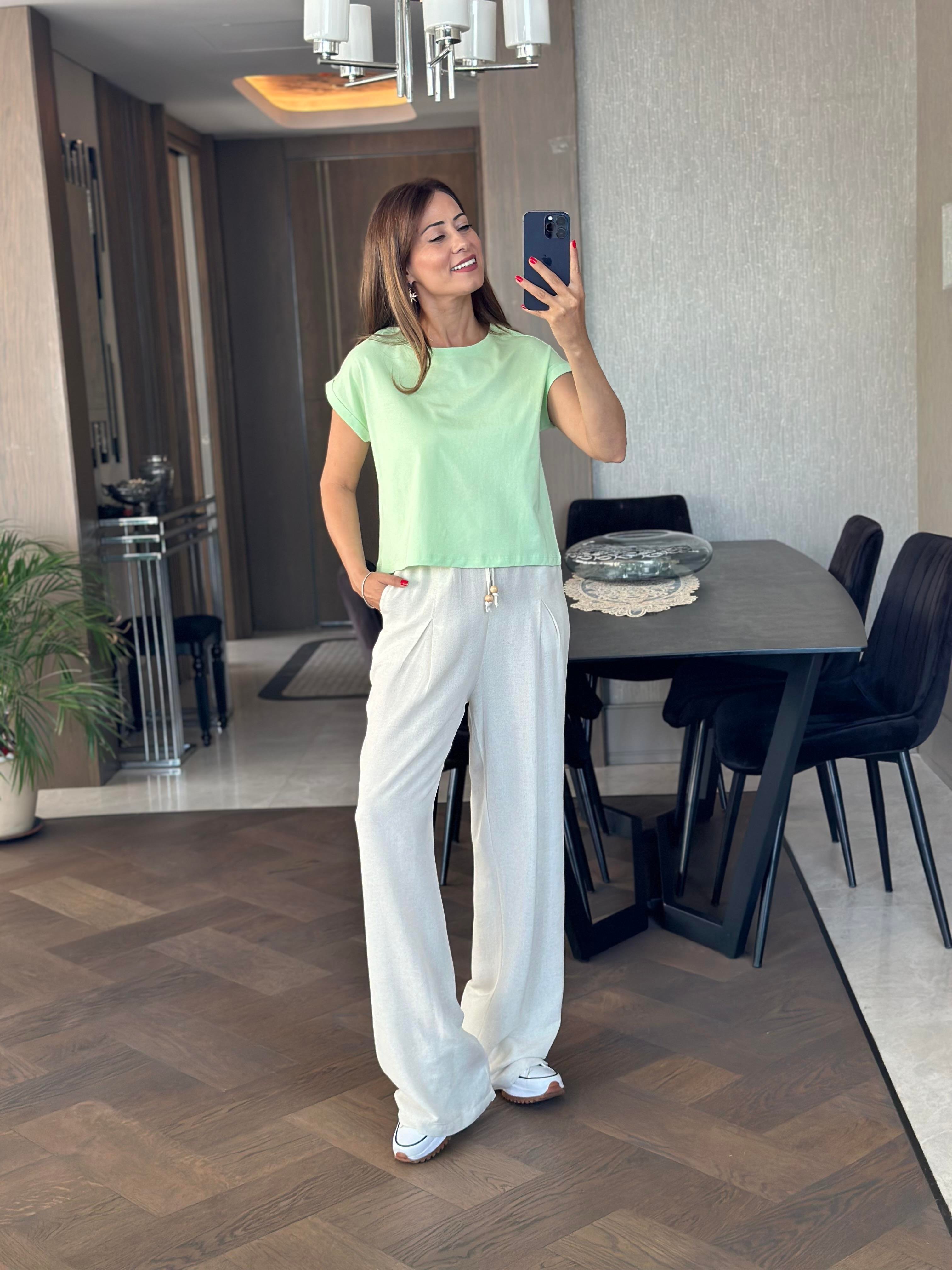 Su Yeşili Bisiklet Yaka Basic Top Kadın Crop T-Shirt
