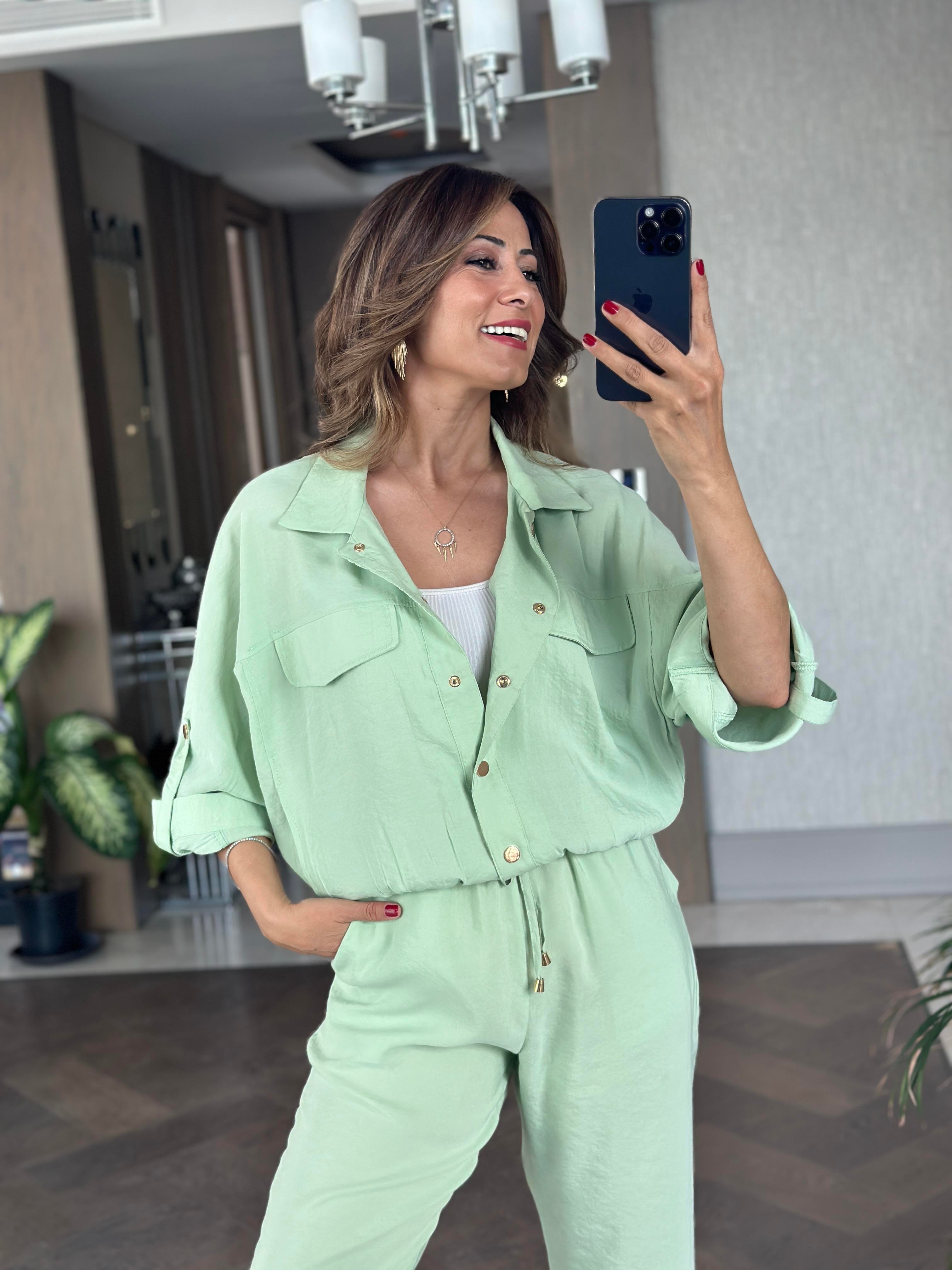 Su Yeşili Bomber Ceket Pantolon Kadın İkili Takım
