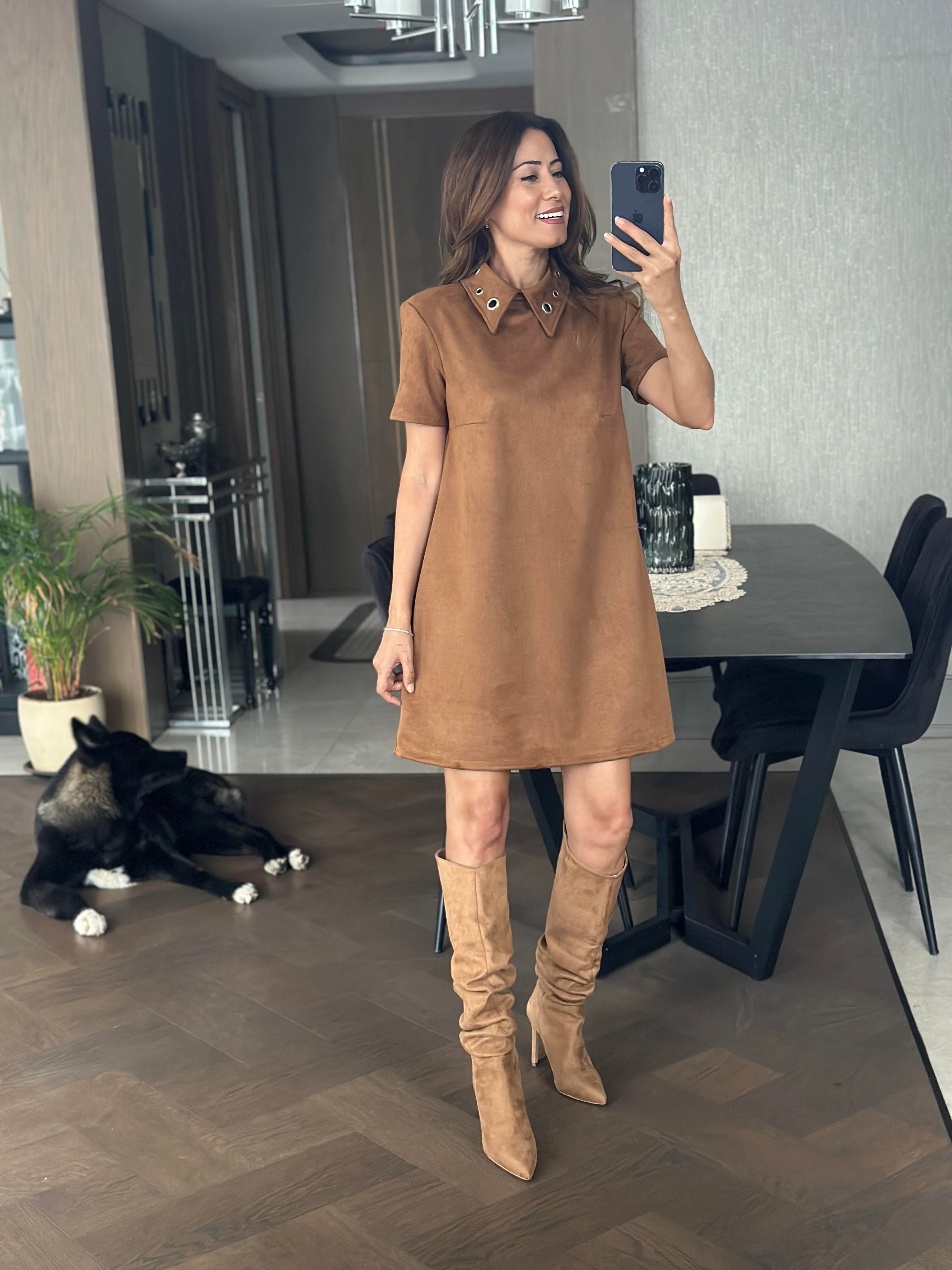 Taba Süet Yakası Kuşgözlü Vatkalı Kısakol Kadın Çan Elbise